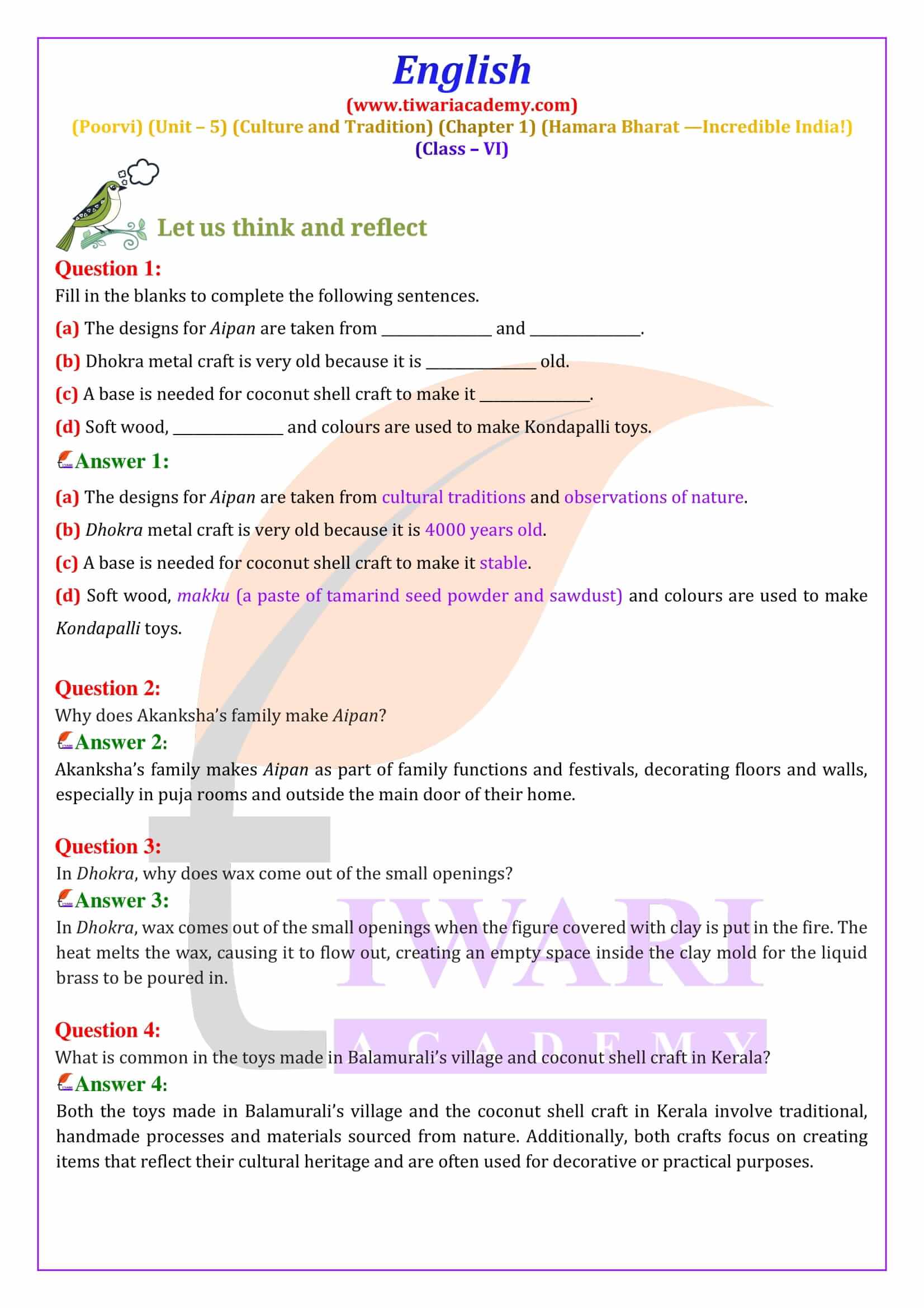 Class 6 English Poorvi Unit 5 Culture and Tradition Chapter 1 Question Answers
