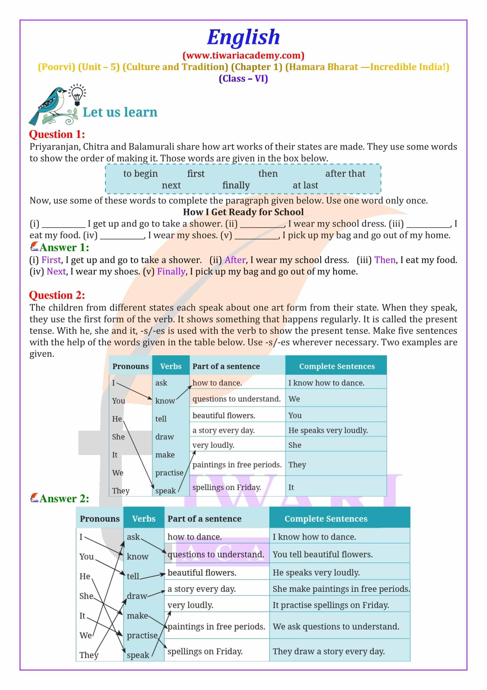 Class 6 English Poorvi Unit 5 Culture and Tradition Chapter 1 Solutions