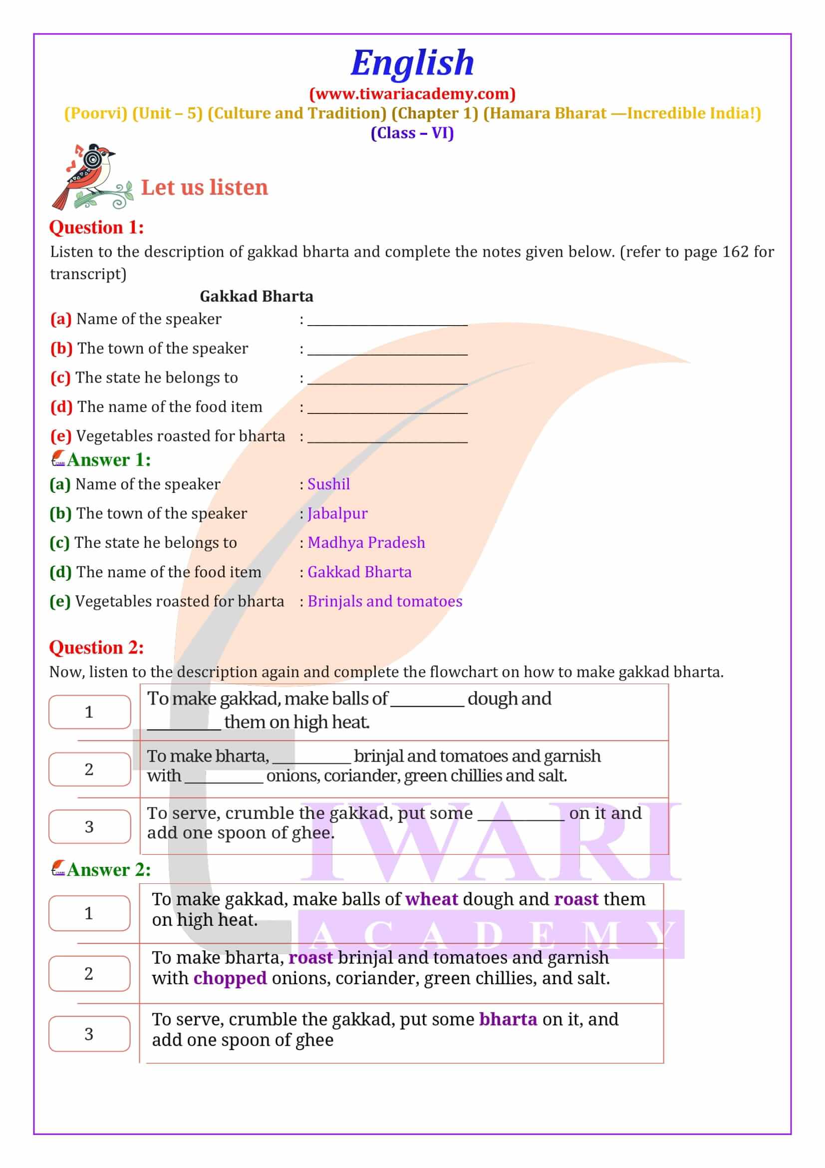 Class 6 English Poorvi Unit 5 Culture and Tradition Chapter 1 Exercises