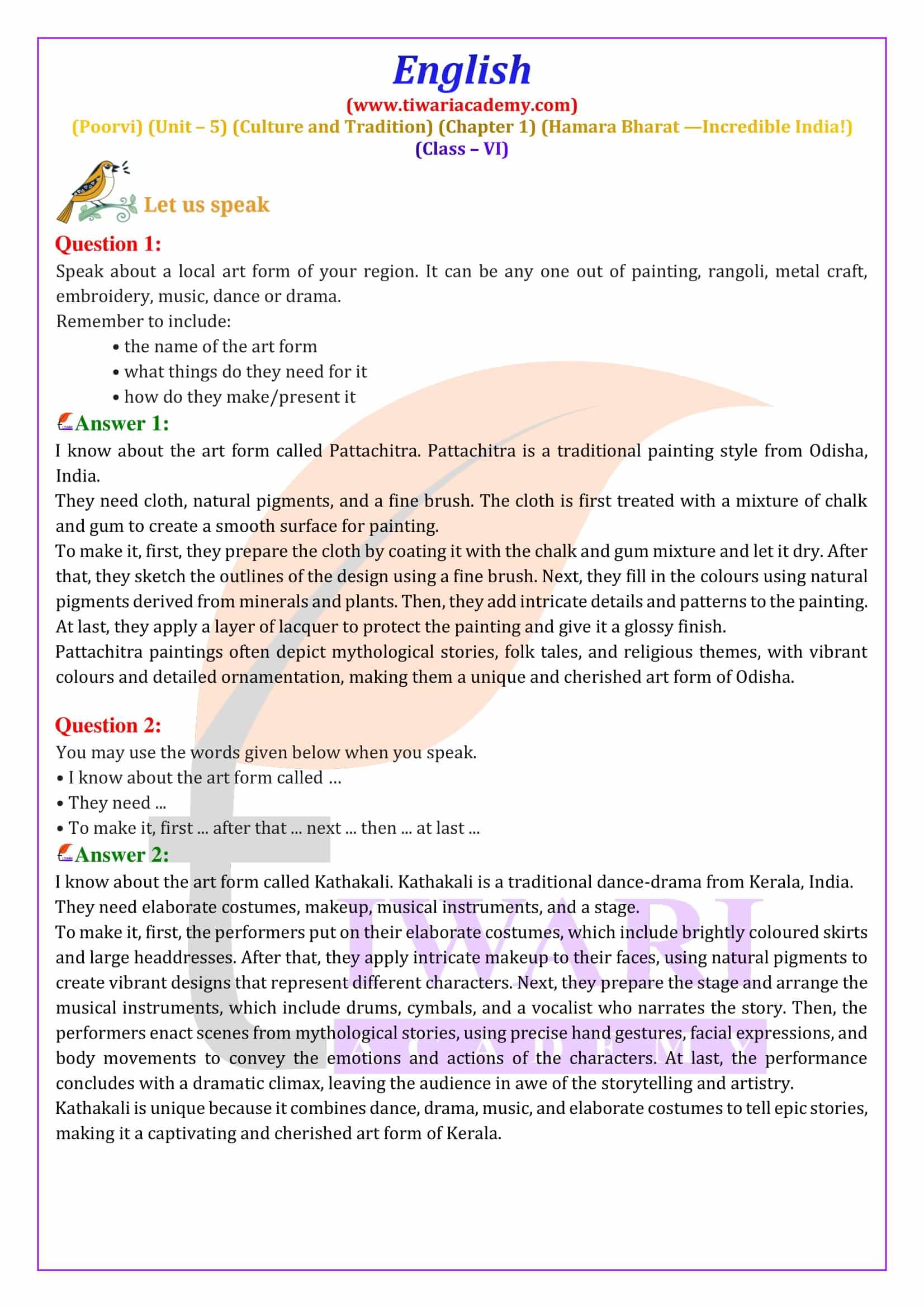 Class 6 English Poorvi Unit 5 Culture and Tradition Chapter 1 Answers guide