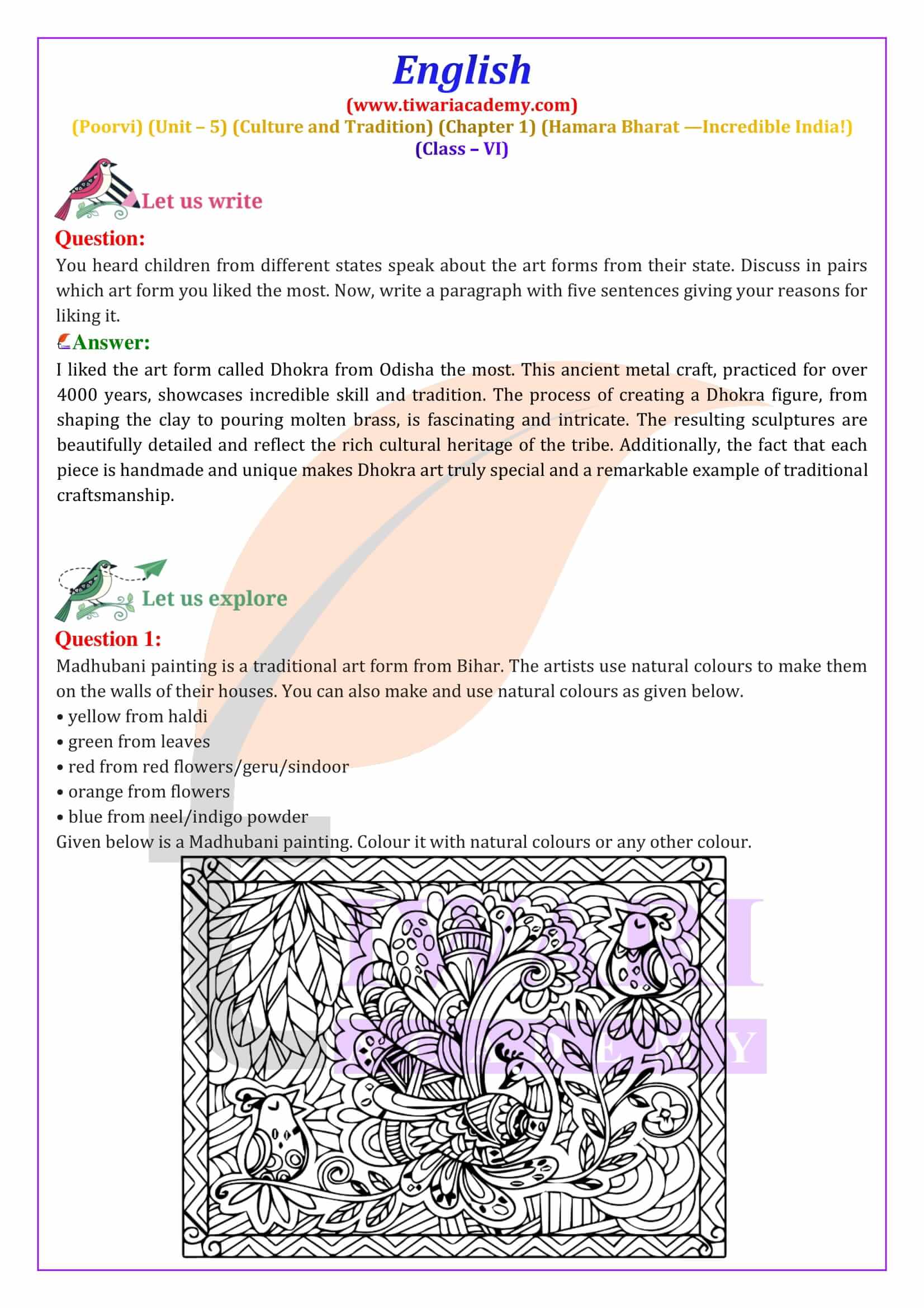 Class 6 English Poorvi Unit 5 Culture and Tradition Chapter 1 NCERT Solutions