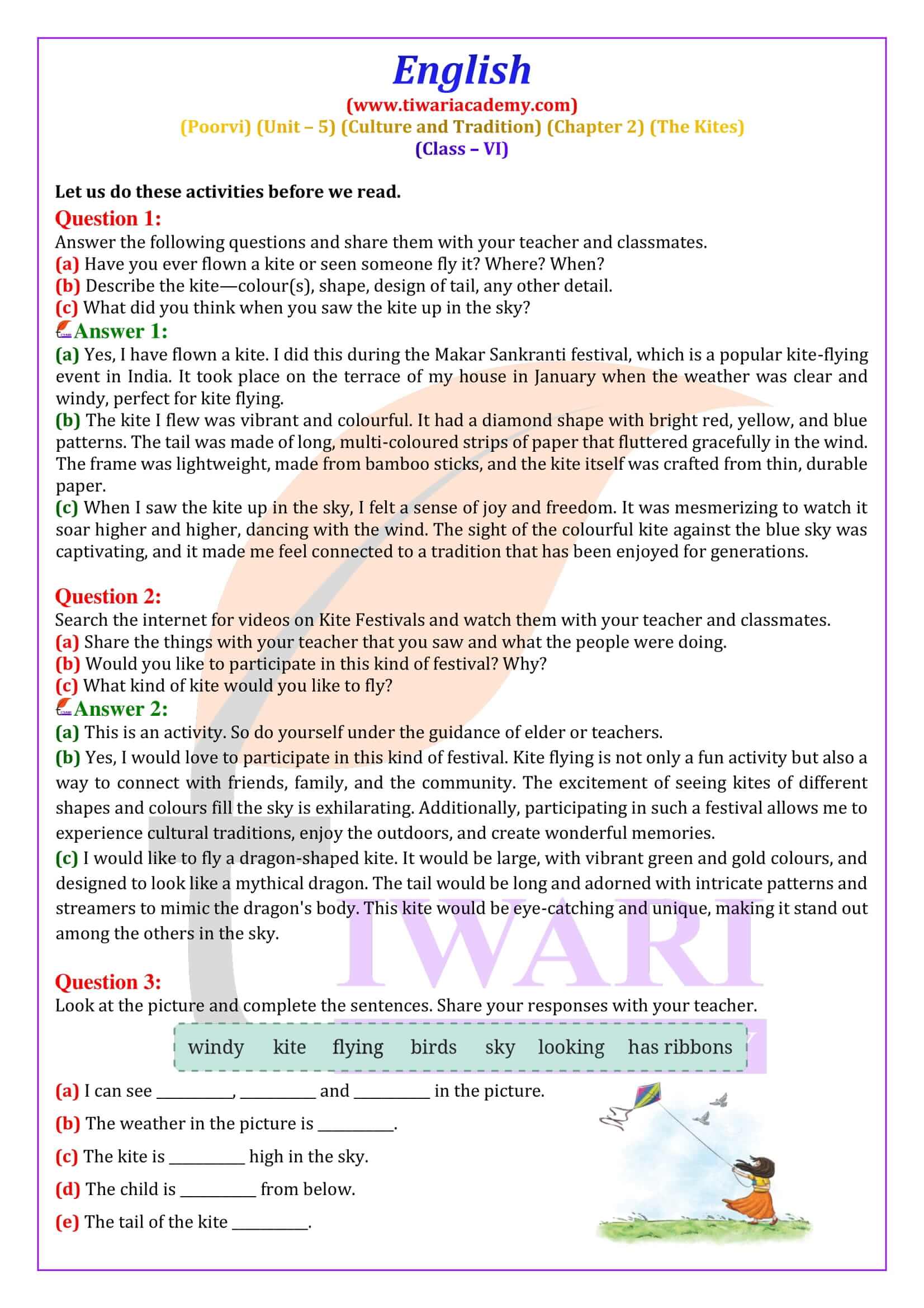 NCERT Solutions for Class 6 English Poorvi Unit 5 Culture and Tradition Chapter 2 The Kites