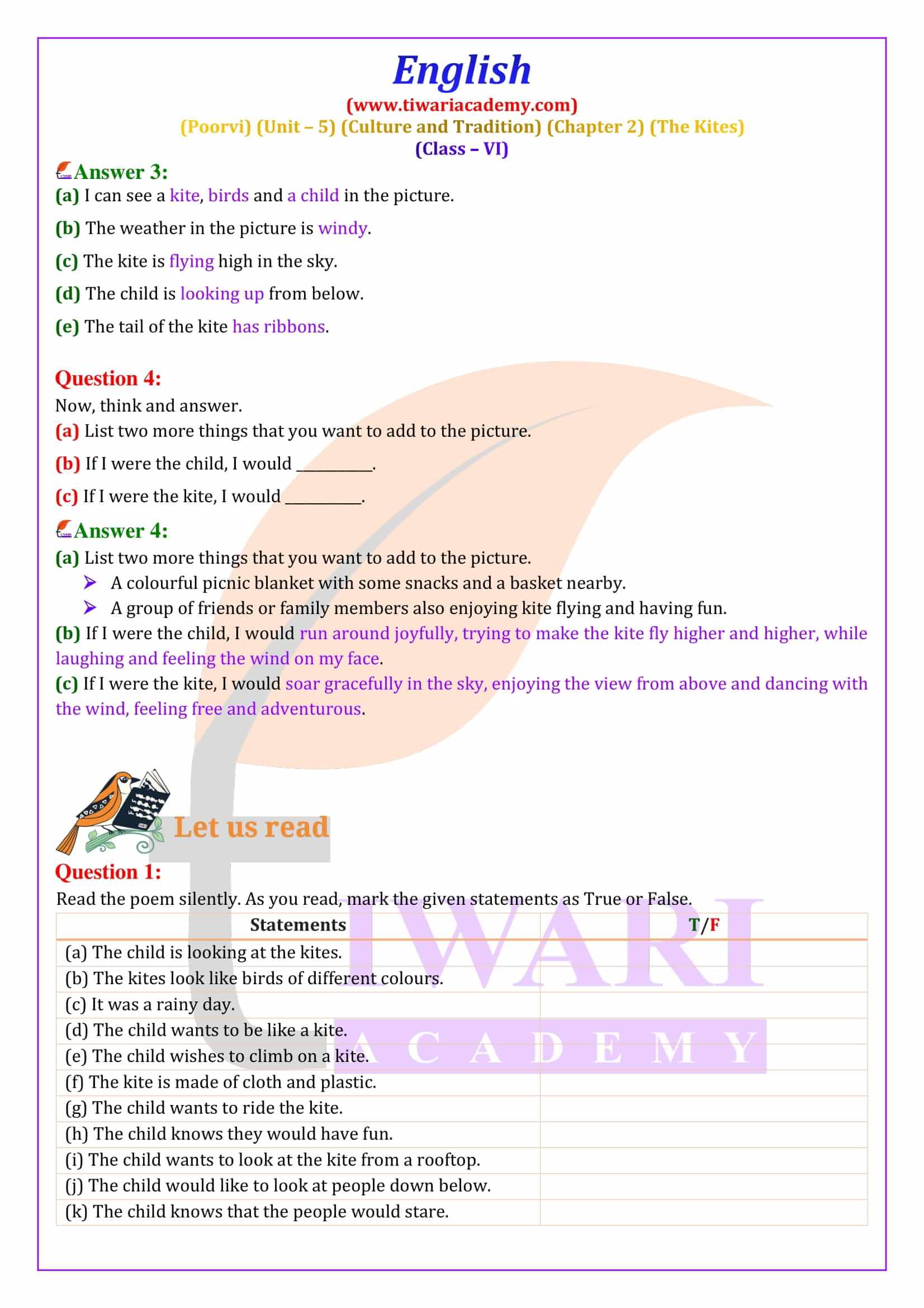 Class 6 English Poorvi Unit 5 Culture and Tradition Chapter 2 The Kites Solutions