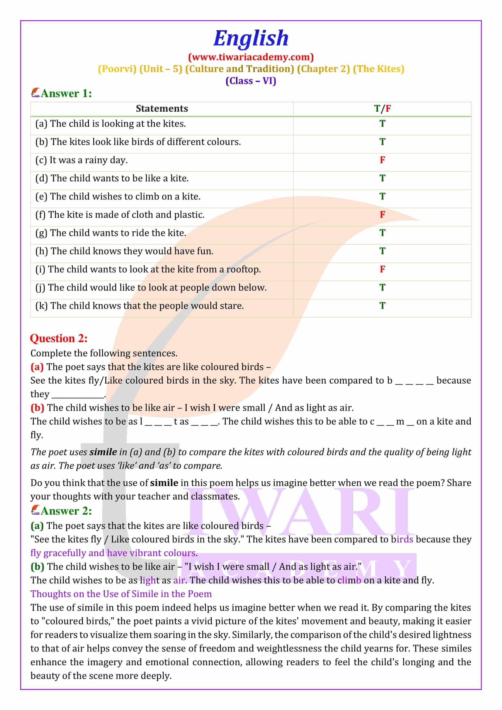 Class 6 English Poorvi Unit 5 Culture and Tradition Chapter 2 The Kites Question Answers