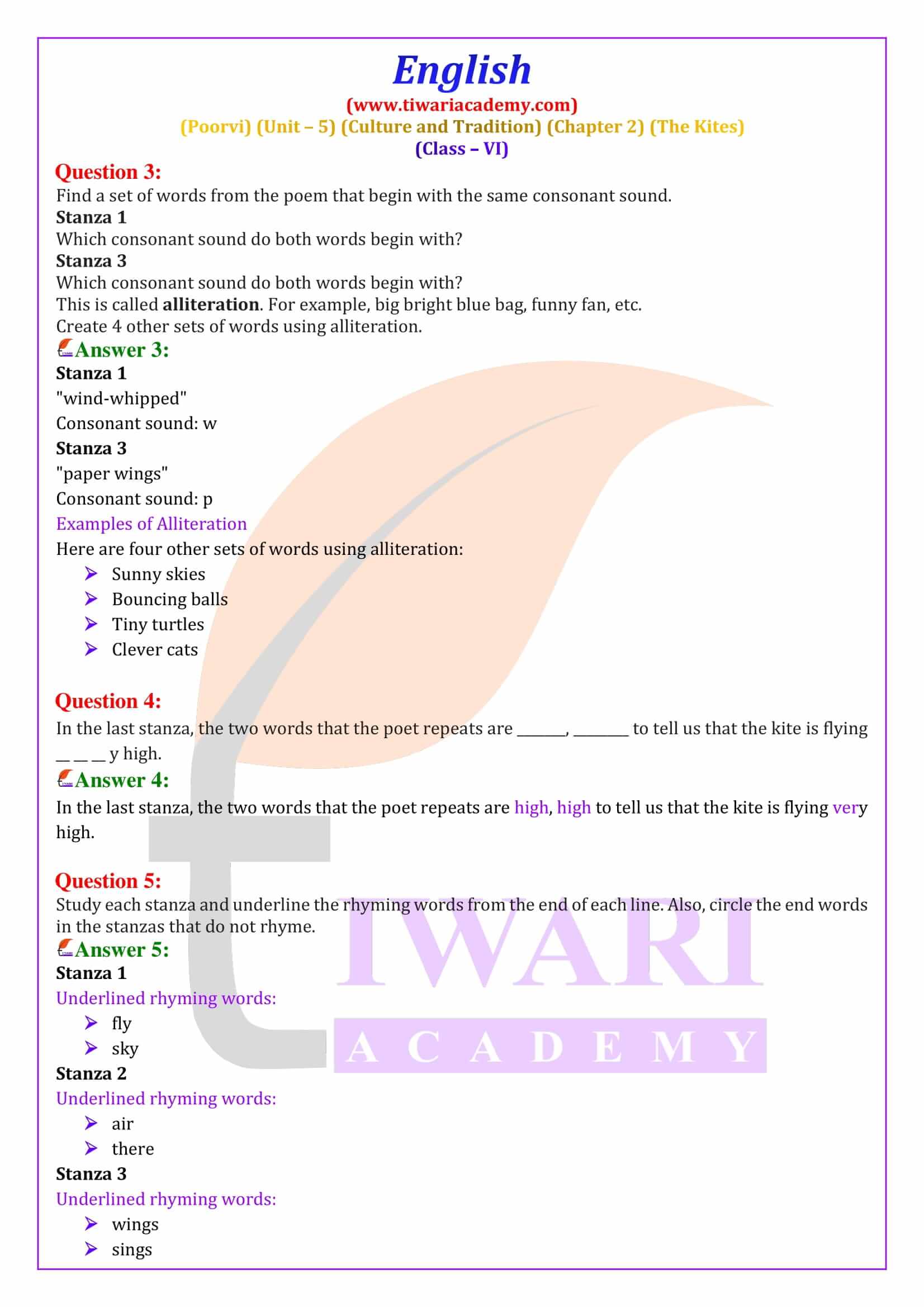 Class 6 English Poorvi Unit 5 Culture and Tradition Chapter 2 The Kites Answers guided
