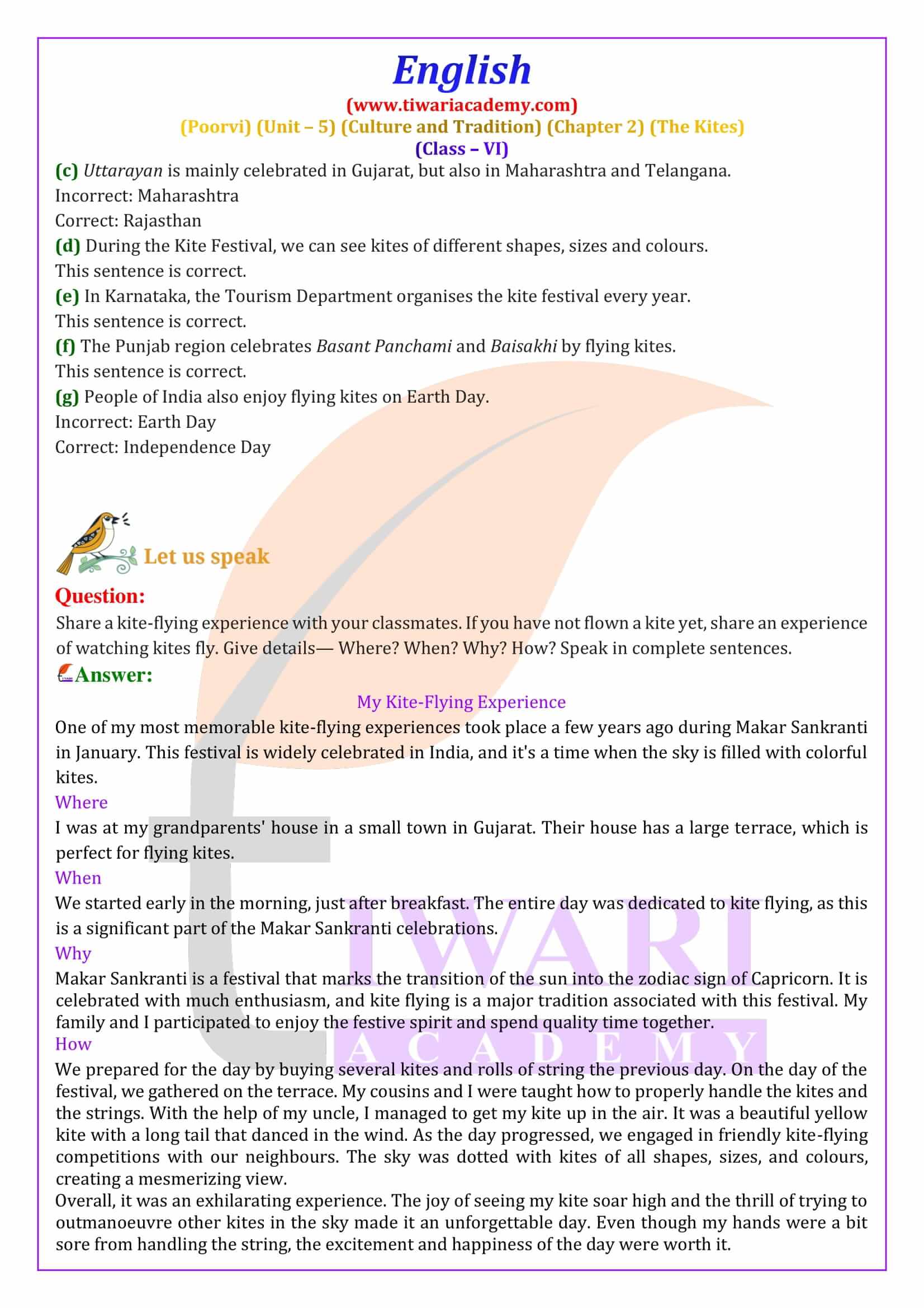 Class 6 English Poorvi Unit 5 Chapter 2 Exercises