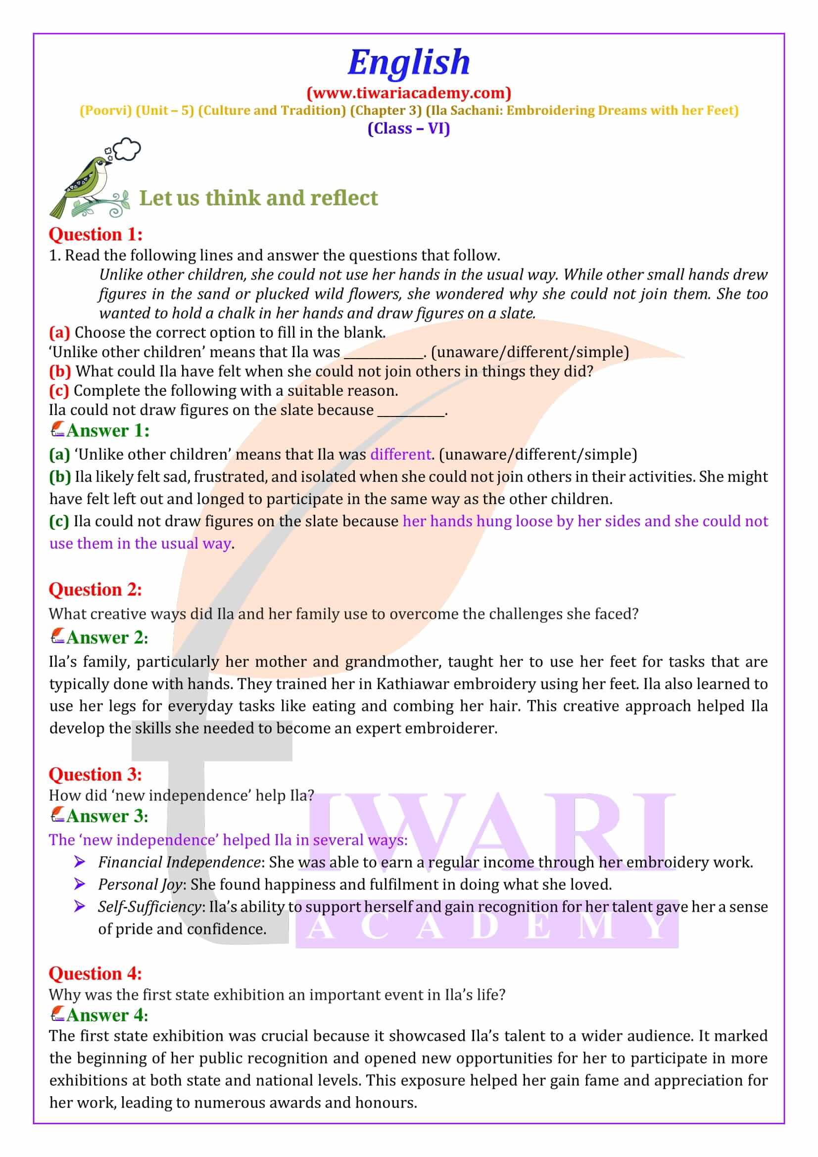 Class 6 English Poorvi Unit 5 Culture and Tradition Chapter 3 Ila Sachani Answers