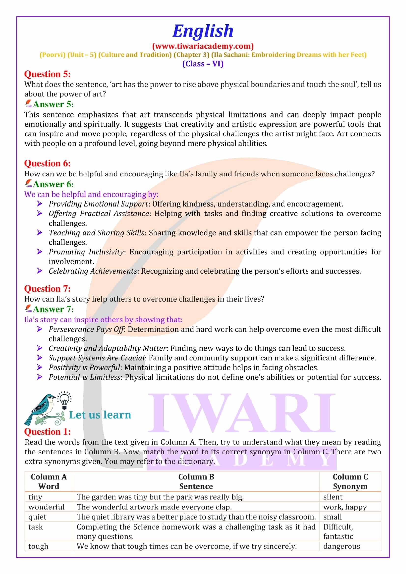 Class 6 English Poorvi Unit 5 Culture and Tradition Chapter 3
