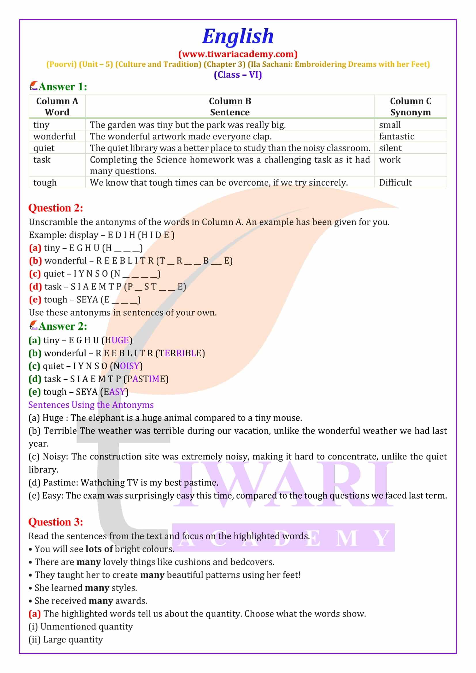 Class 6 English Poorvi Unit 5 Chapter 3
