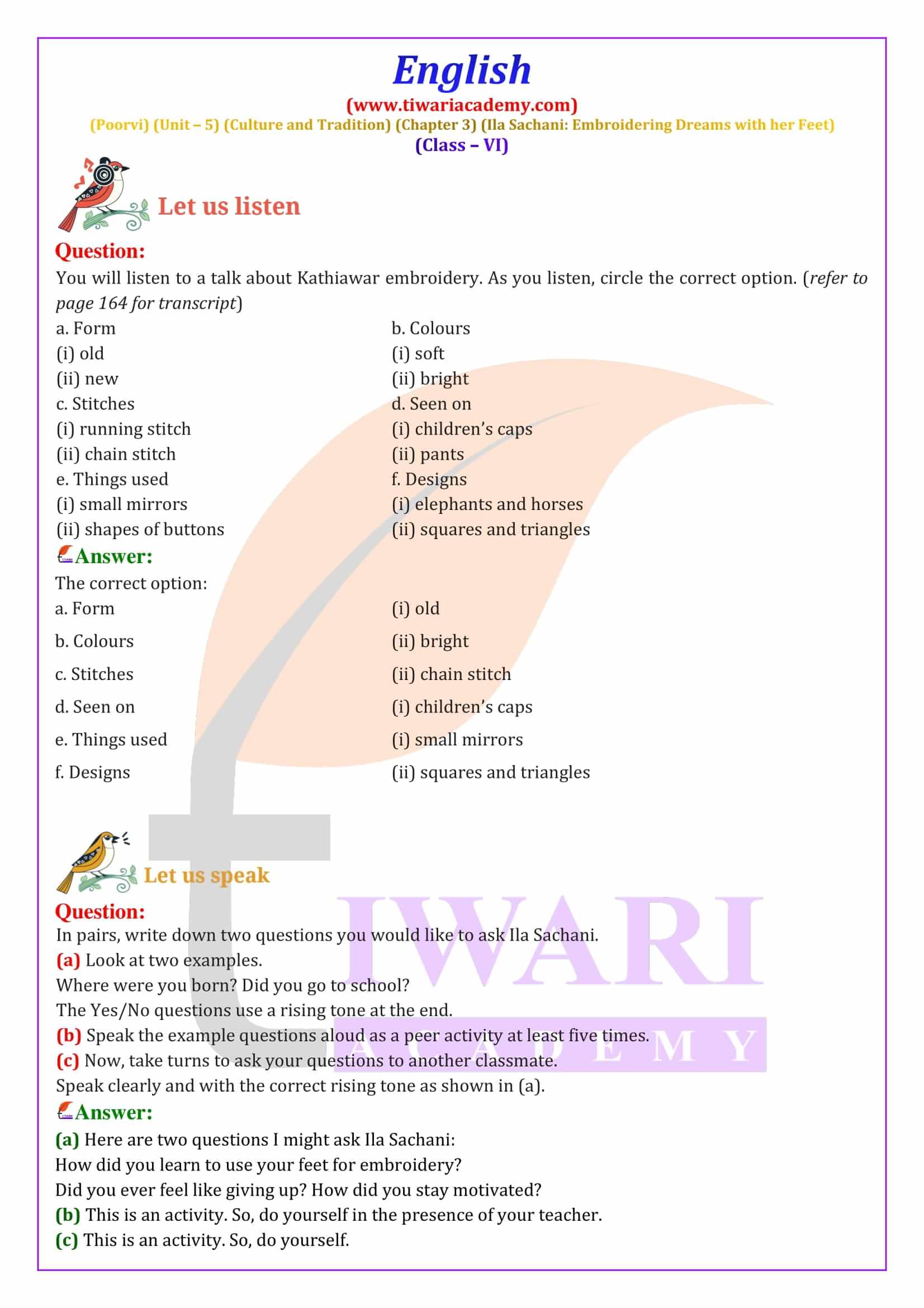 Class 6 English Poorvi Unit 5 Chapter 3 Solutions