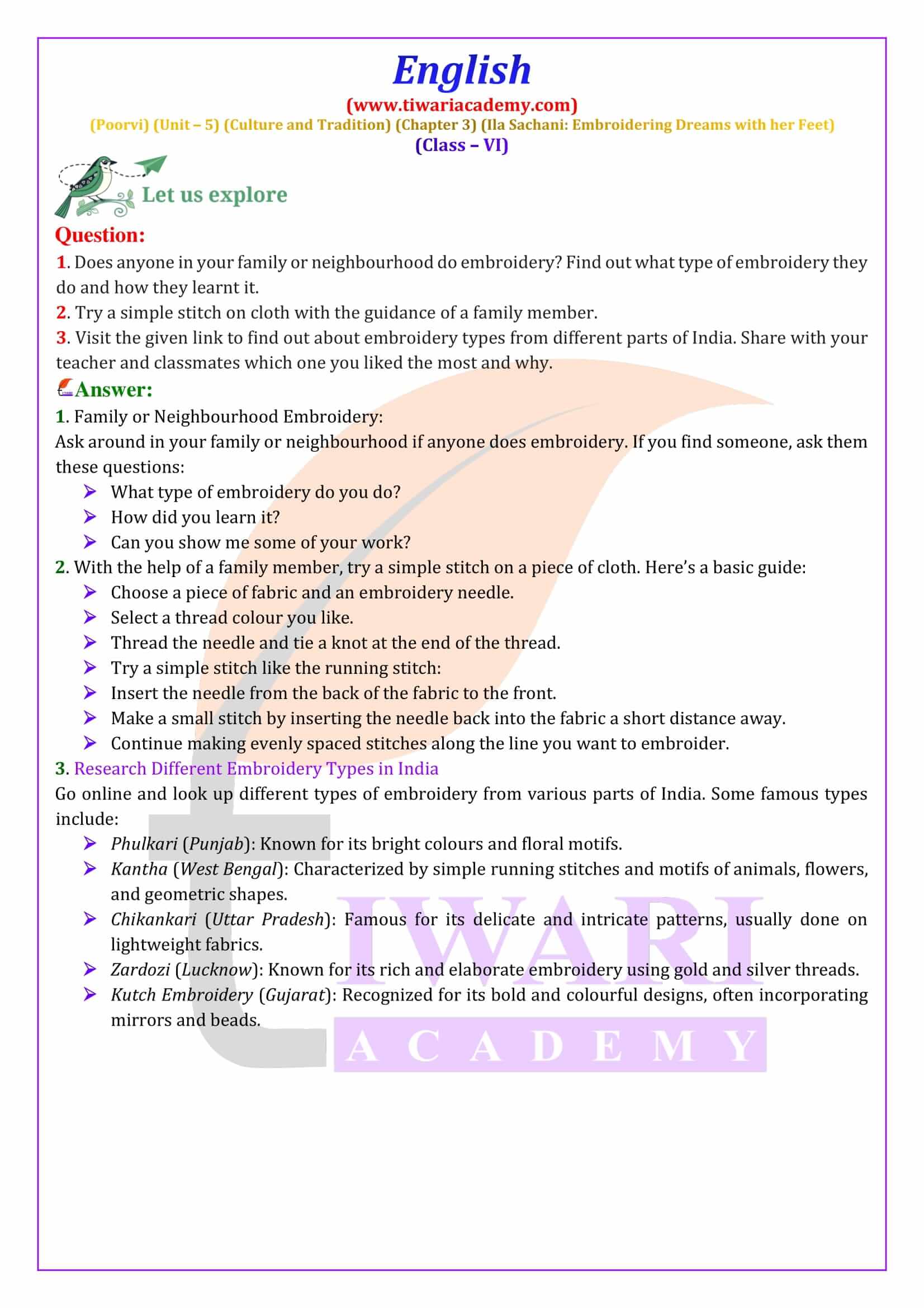 Class 6 English Poorvi Unit 5 Chapter 3 all answers guide