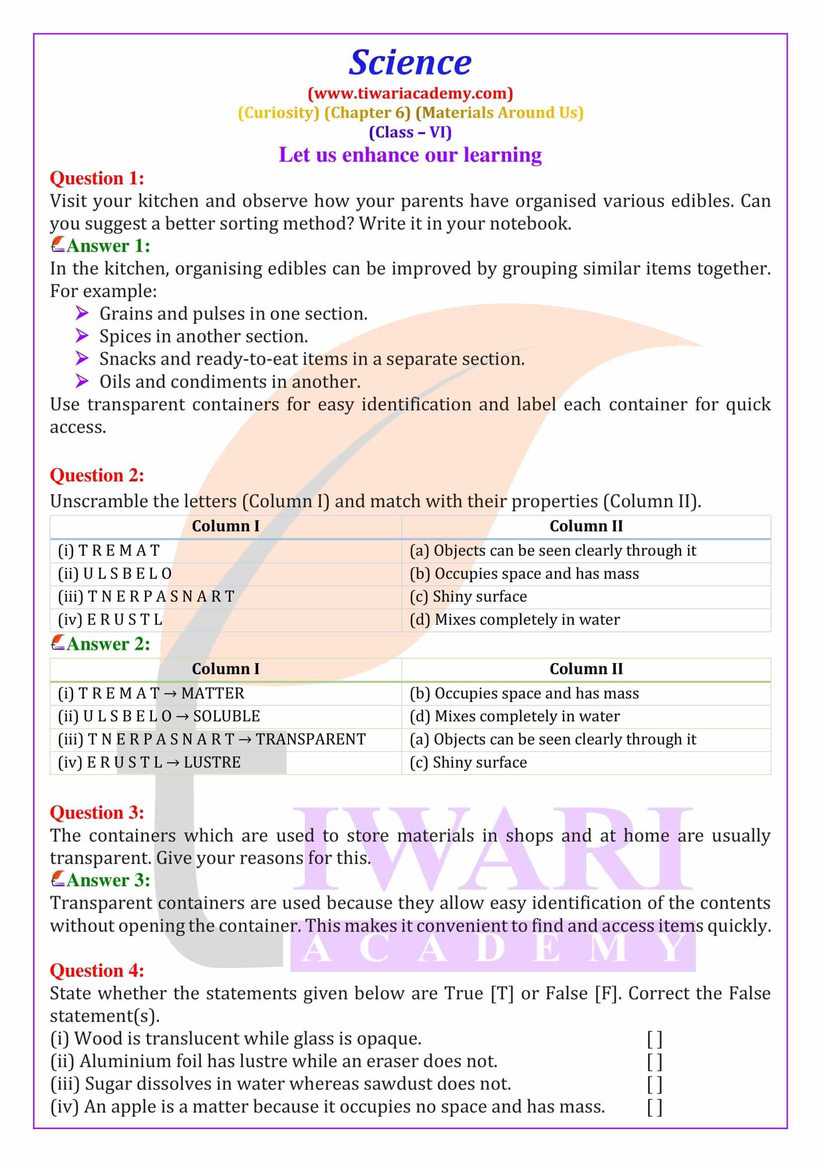 Class 6 Science Curiosity Chapter 6 Materials Around Us