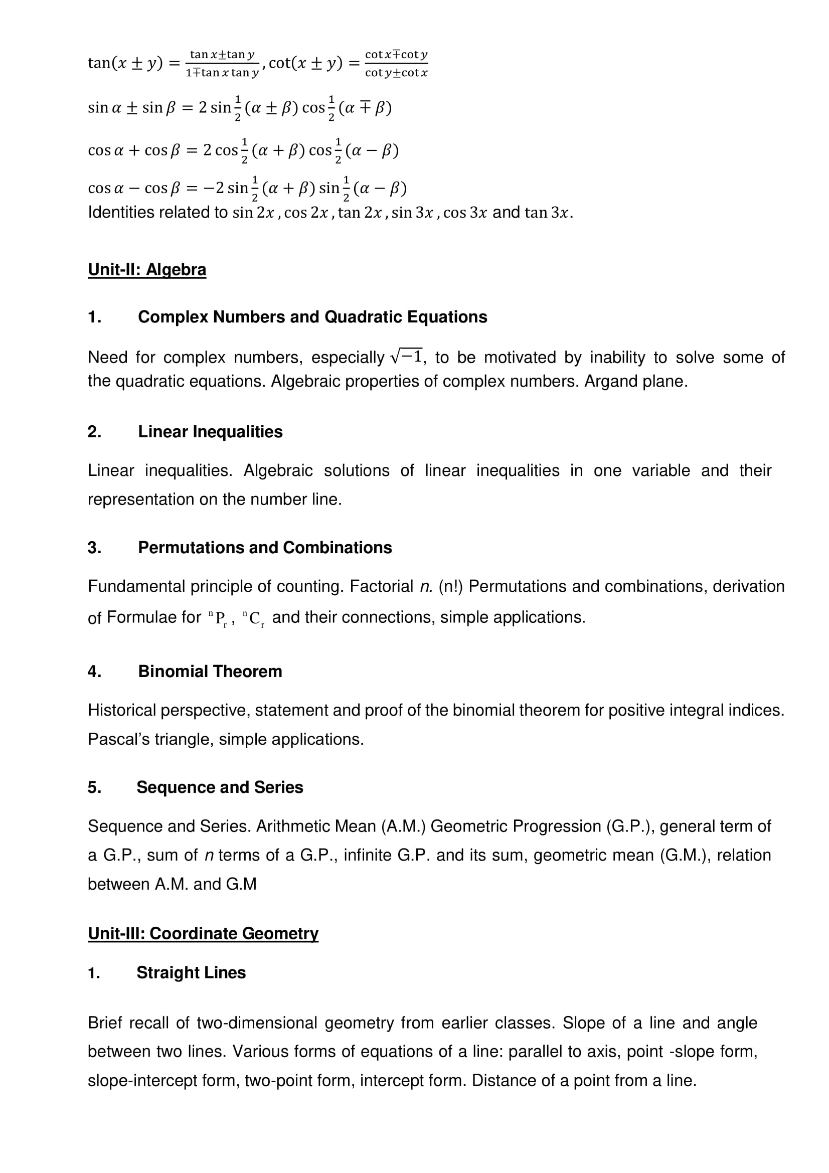 Class 11 Maths Chapter wise syllabus