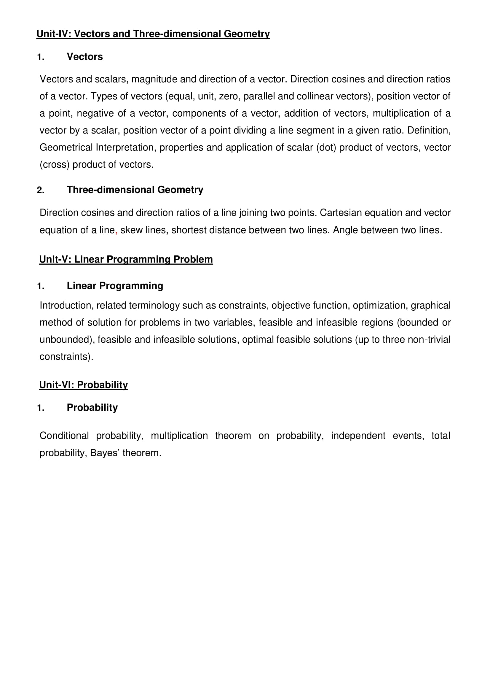 Class 12 Maths Syllabus of units