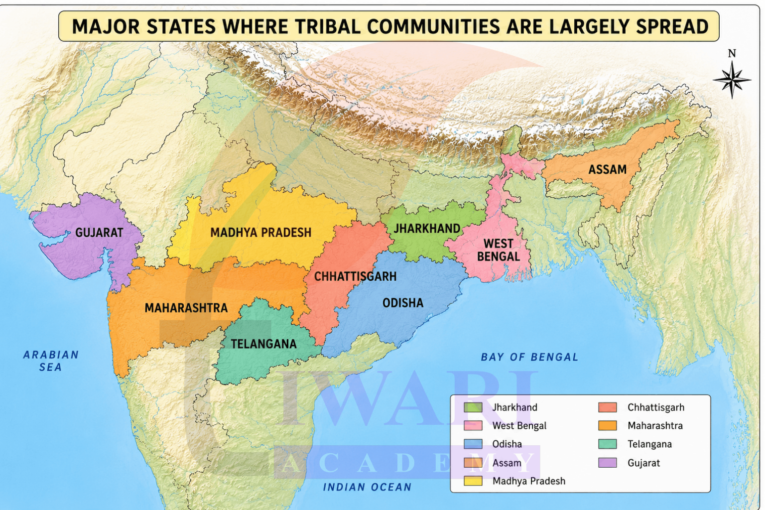 Tribal communities are largely spread over the state of Jharkhand, West Bengal, Odisha, Assam, Madhya Pradesh, Chhattisgarh, Maharashtra, Telangana and Gujarat