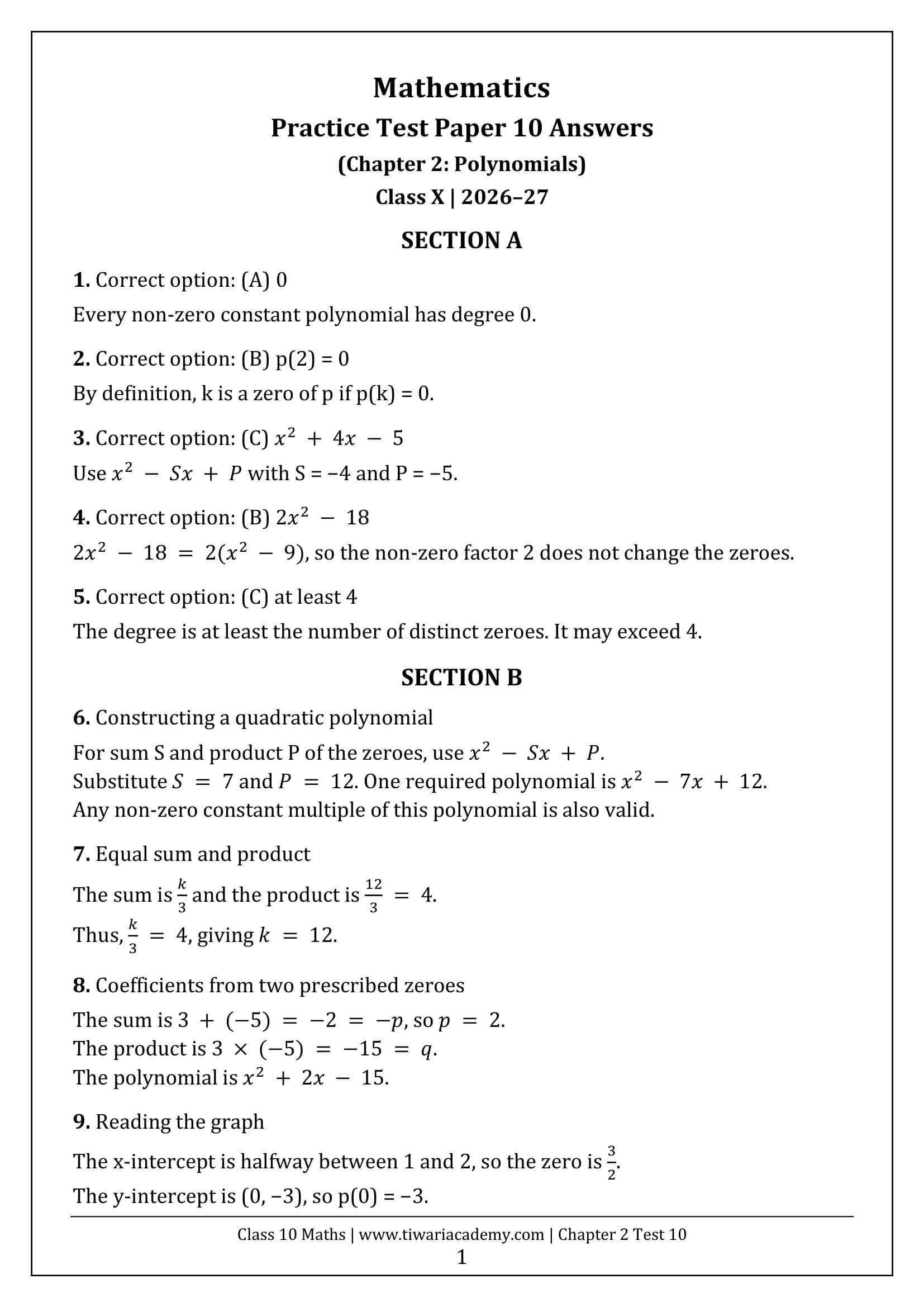 Class 10 Maths Chapter 2 Test 10 Answers Page 1