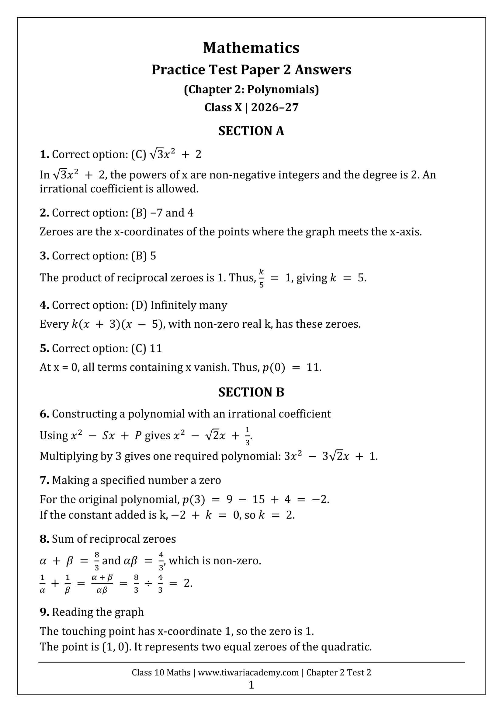 Class 10 Maths Chapter 2 Test 2 Answers Page 1
