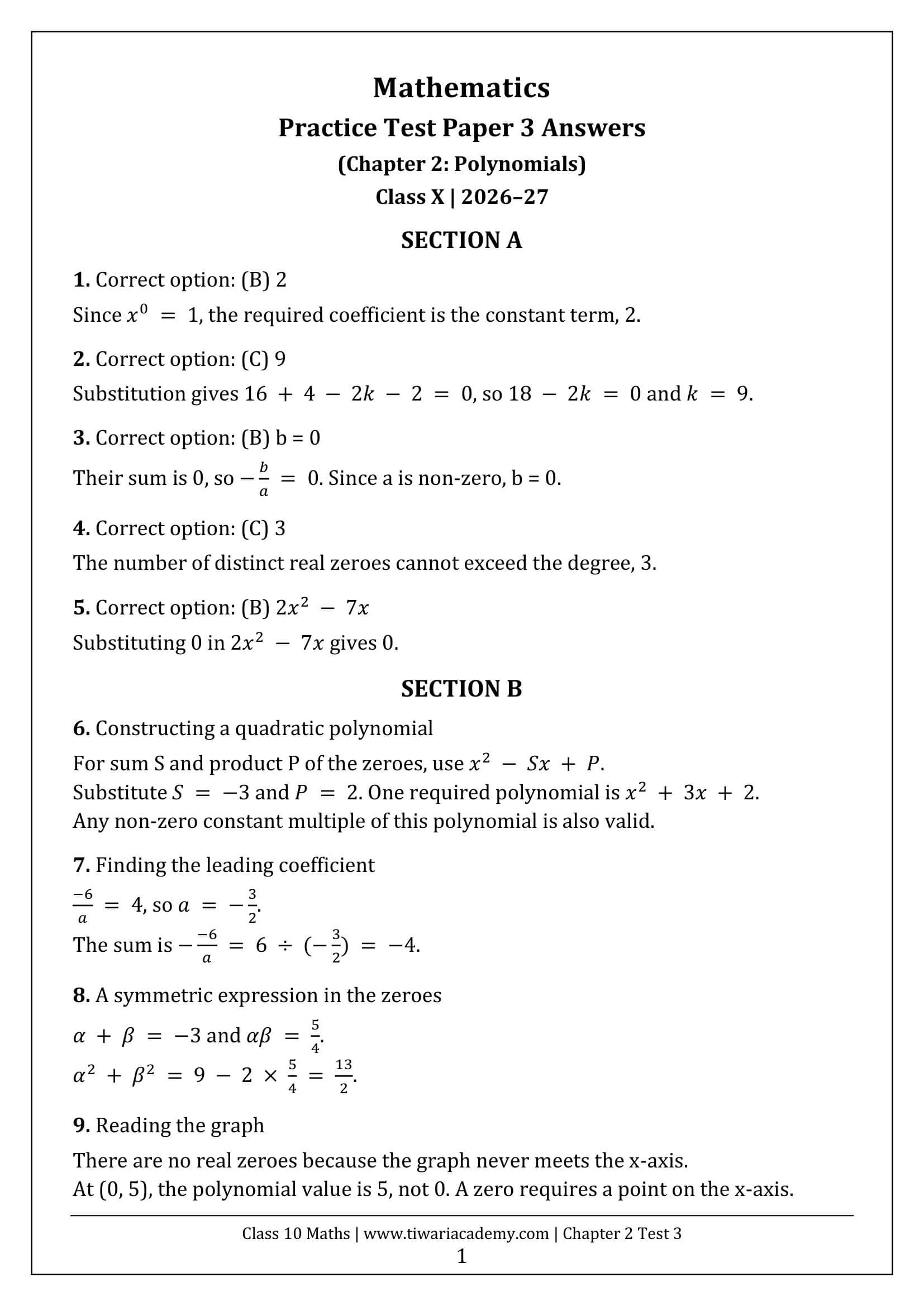 Class 10 Maths Chapter 2 Test 3 Answers Page 1