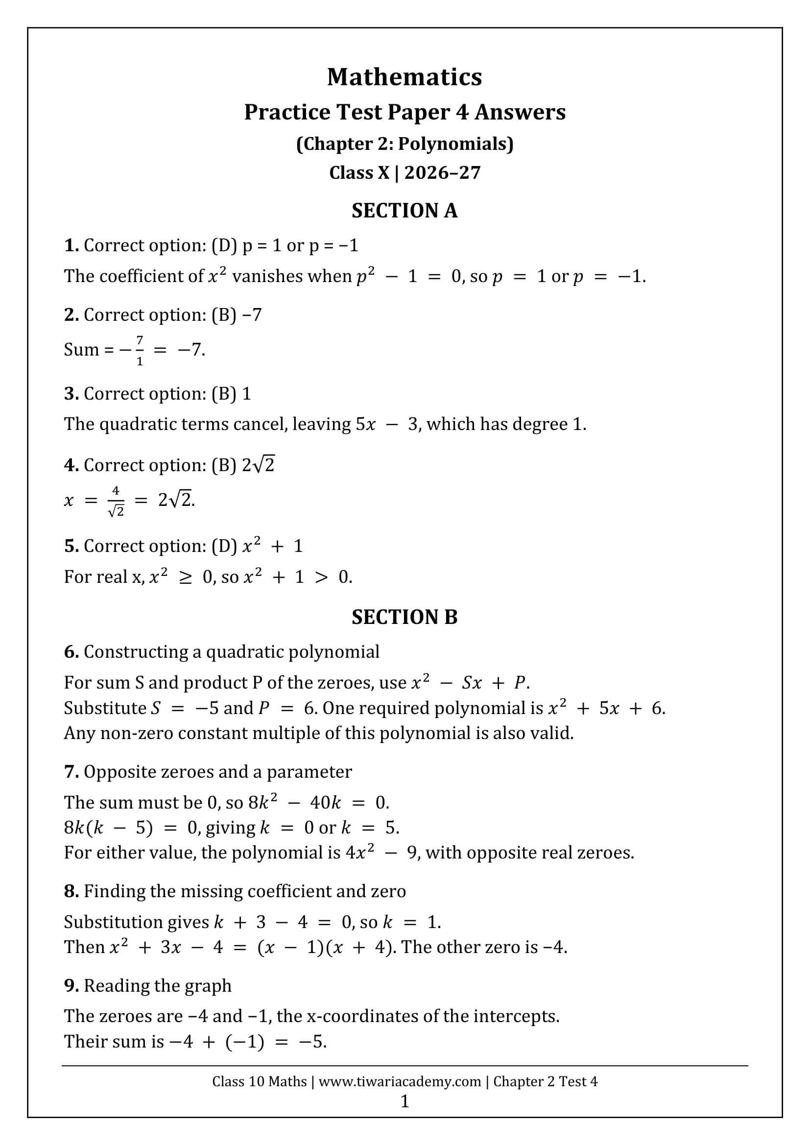 Class 10 Maths Chapter 2 Test 4 Answers Page 1