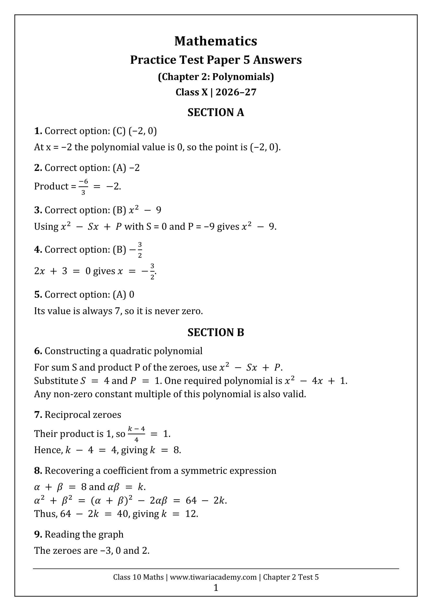 Class 10 Maths Chapter 2 Test 5 Answers Page 1