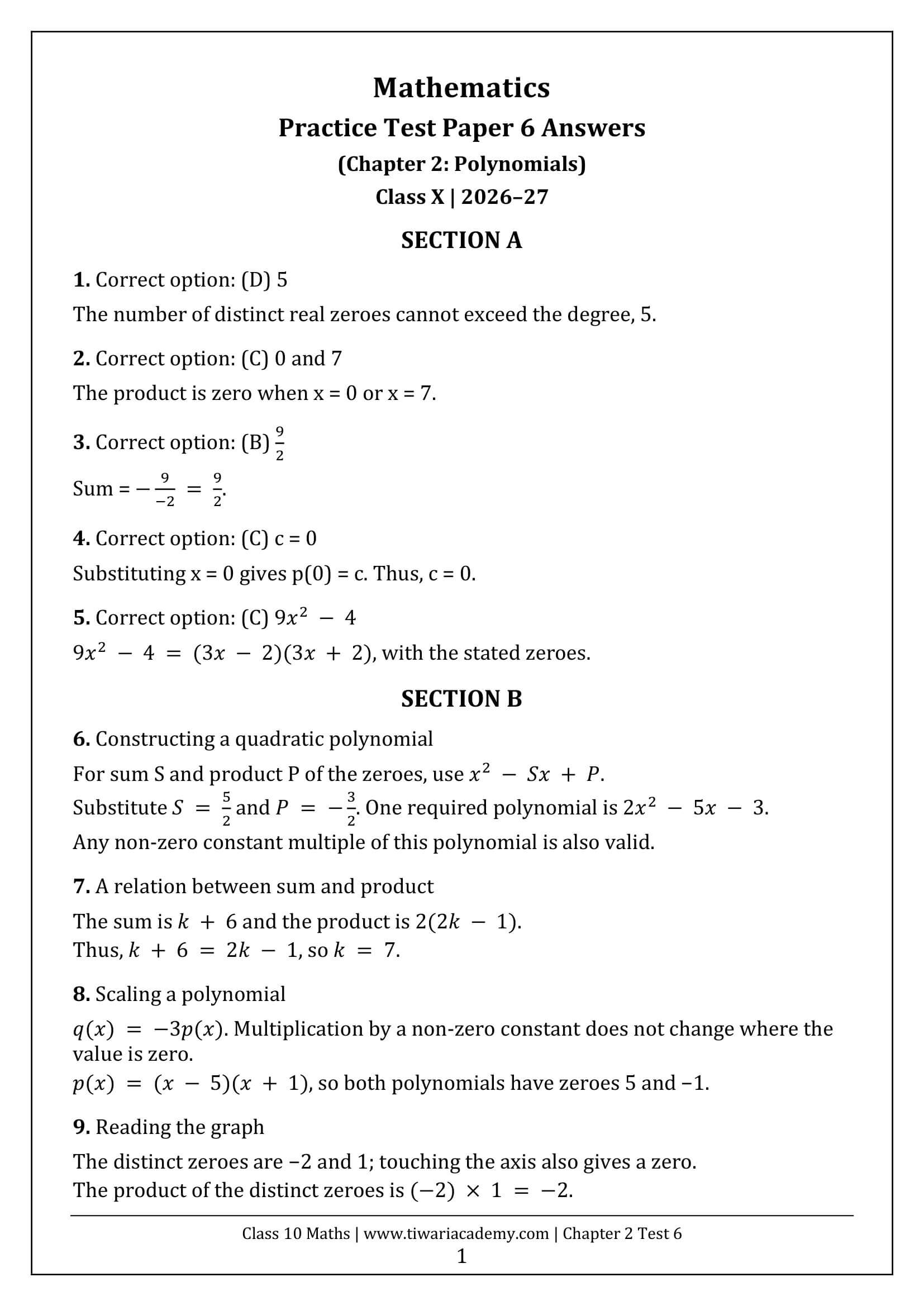 Class 10 Maths Chapter 2 Test 6 Answers Page 1