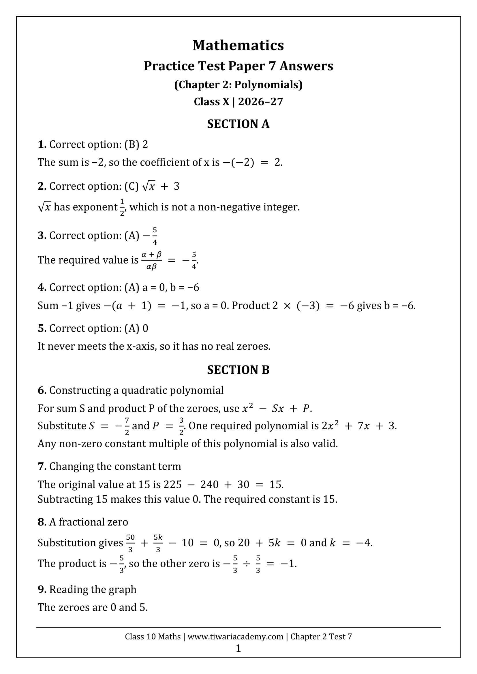 Class 10 Maths Chapter 2 Test 7 Answers Page 1