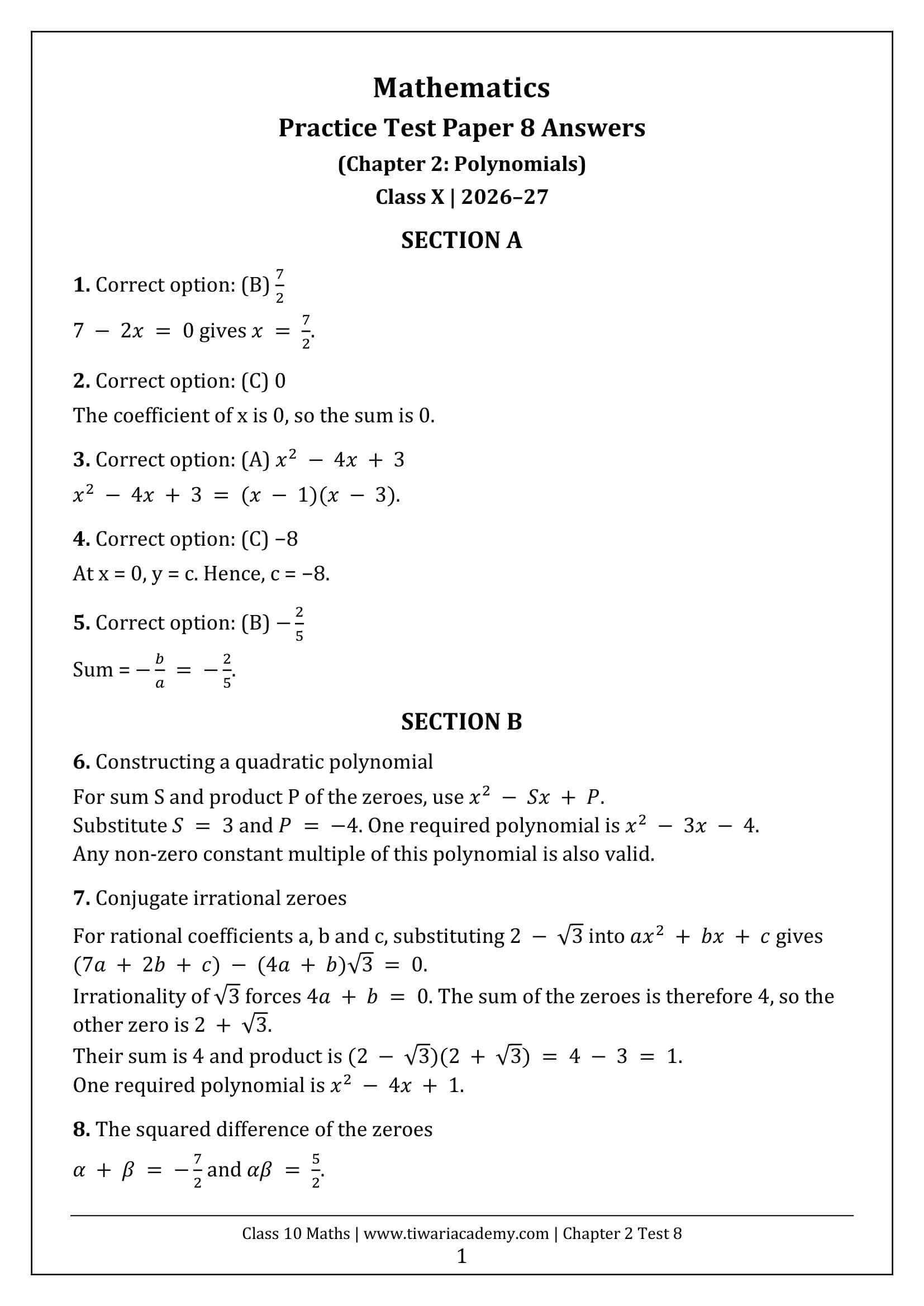Class 10 Maths Chapter 2 Test 8 Answers Page 1