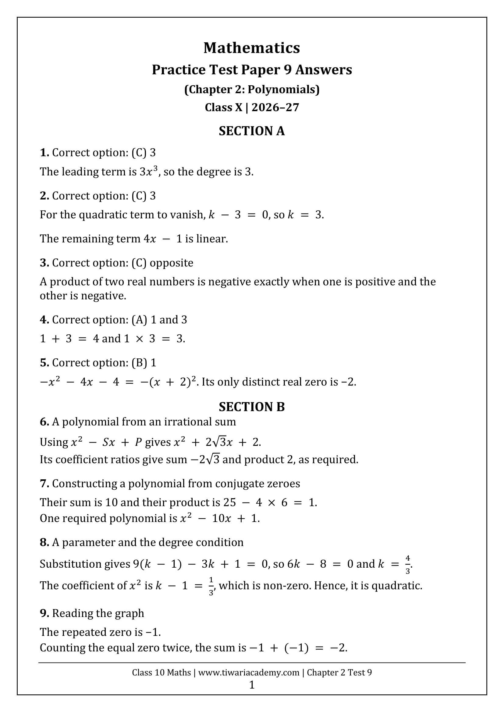 Class 10 Maths Chapter 2 Test 9 Answers Page 1