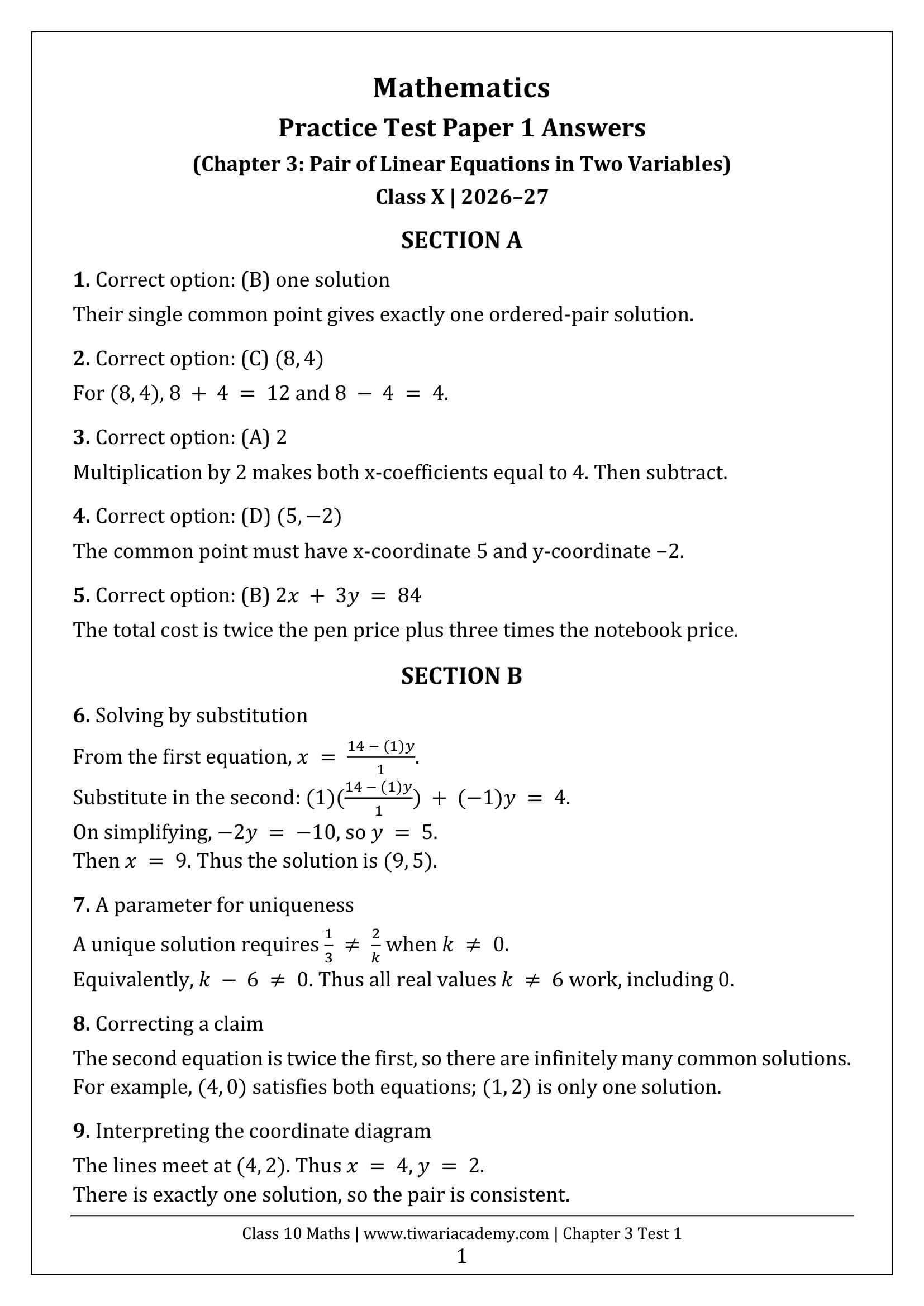 Class 10 Maths Chapter 3 Test Paper 1 Answers Page 1