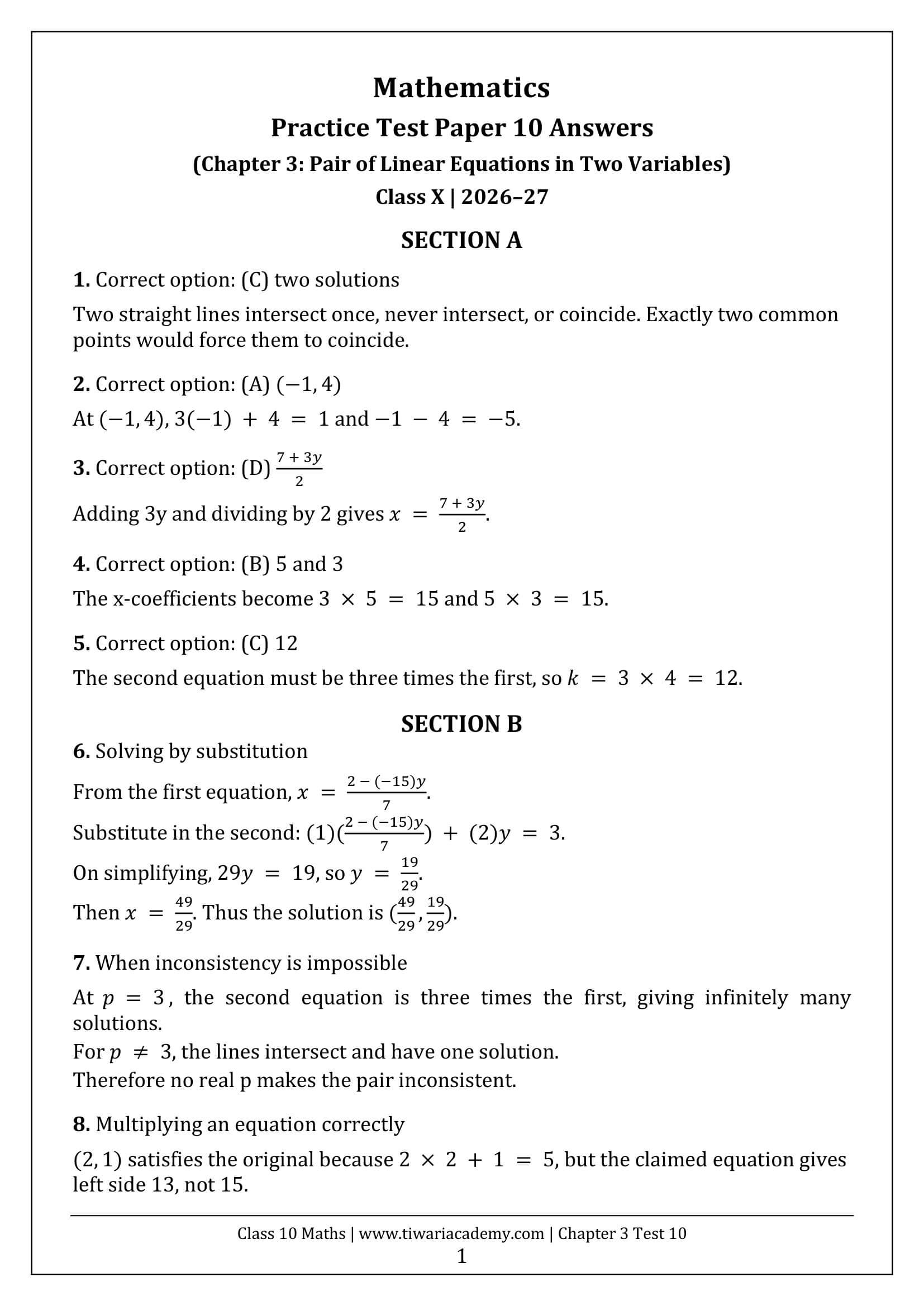 Class 10 Maths Chapter 3 Test Paper 10 Answers Page 1