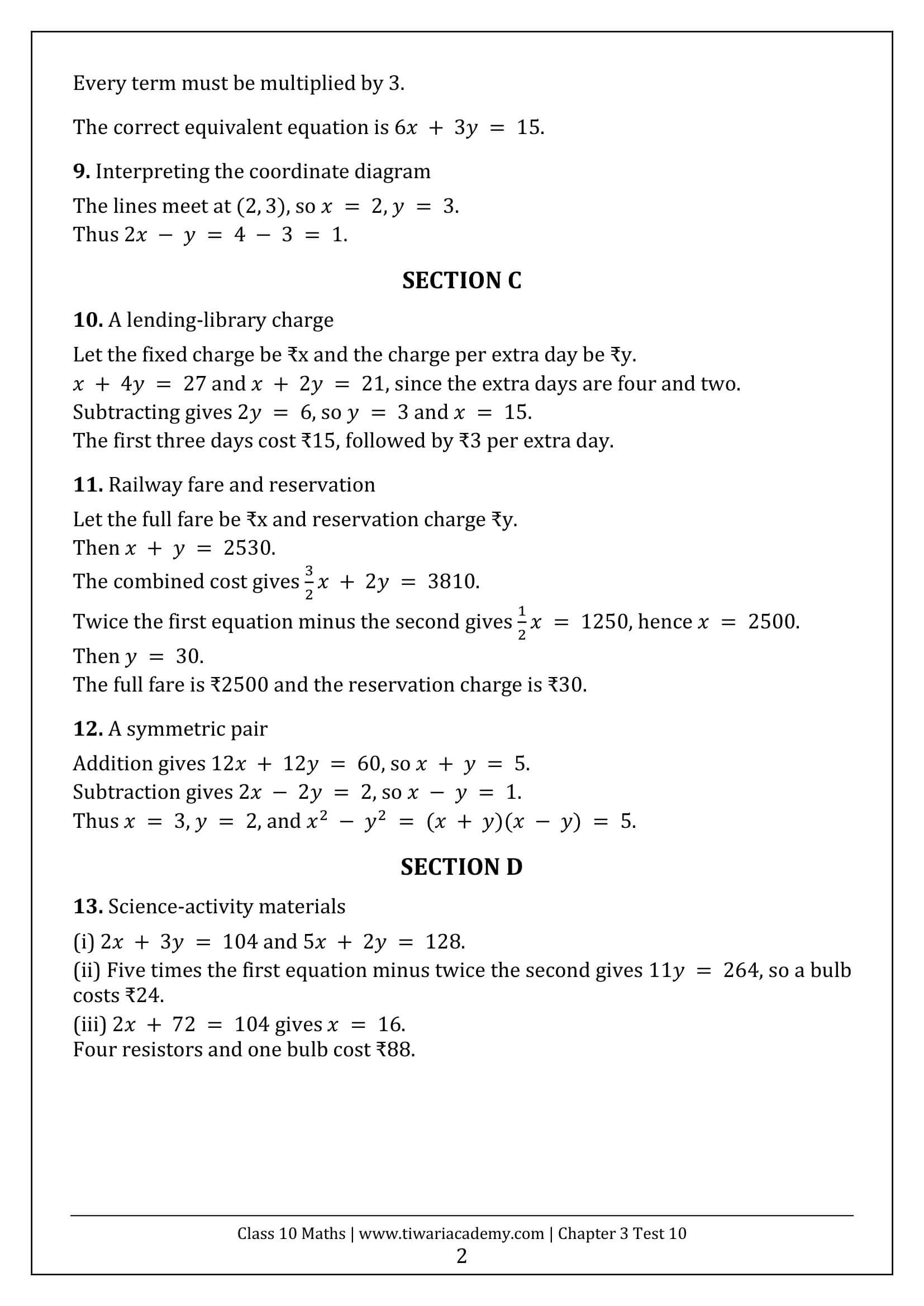 Class 10 Maths Chapter 3 Test Paper 10 Answers Page 2