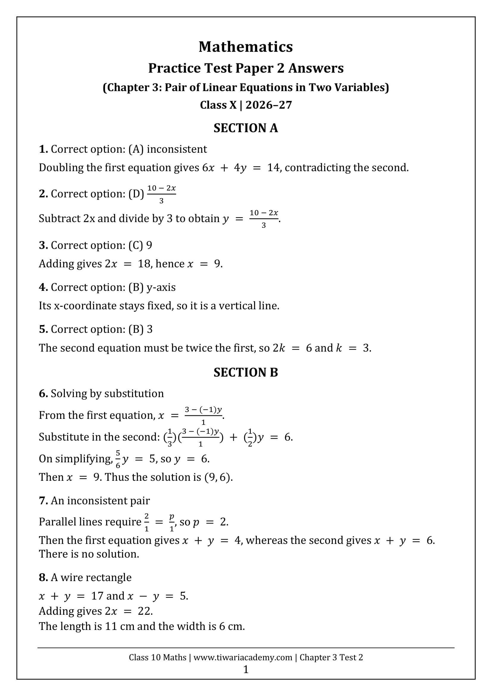 Class 10 Maths Chapter 3 Test Paper 2 Answers Page 1