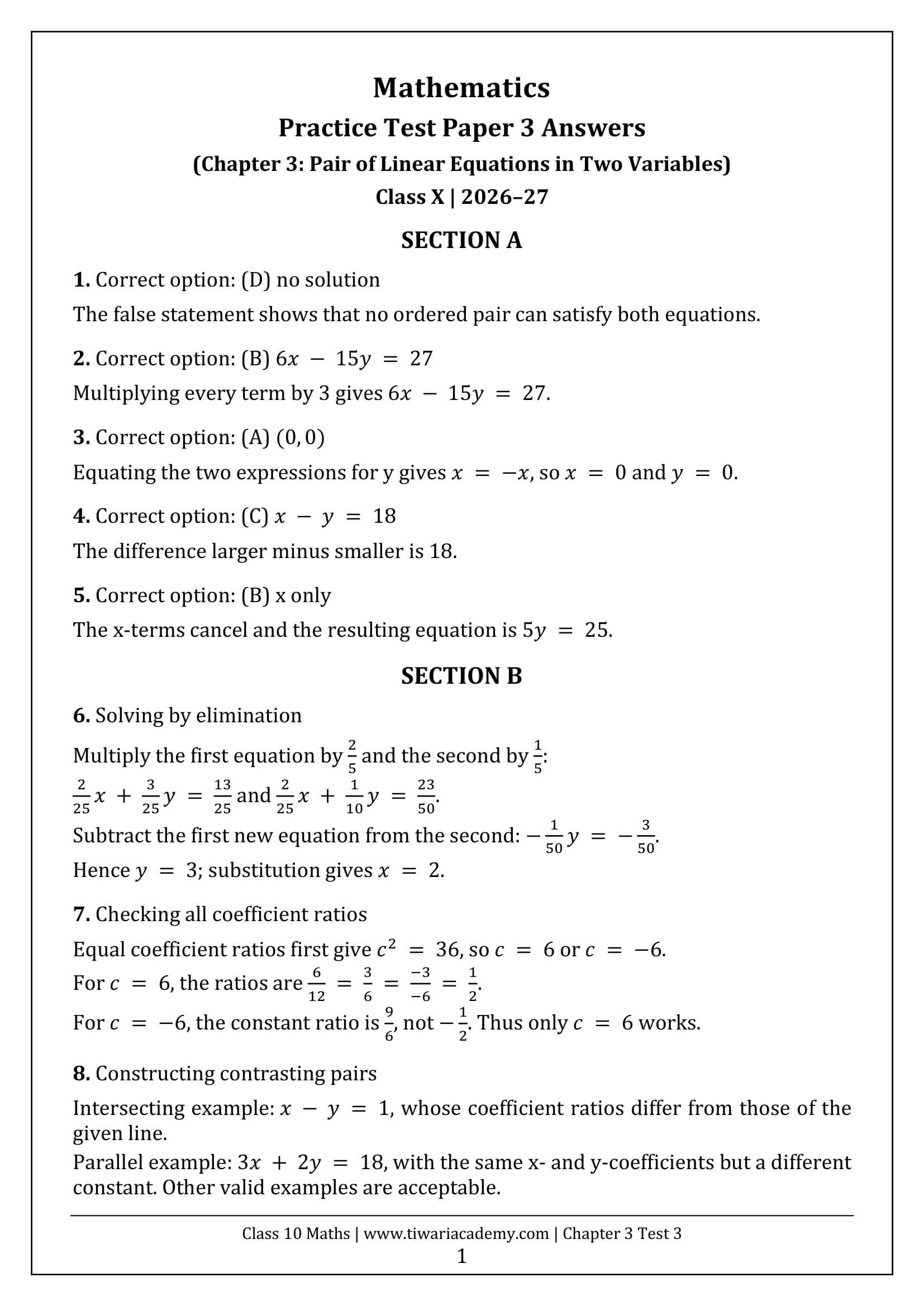 Class 10 Maths Chapter 3 Test Paper 3 Answers Page 1