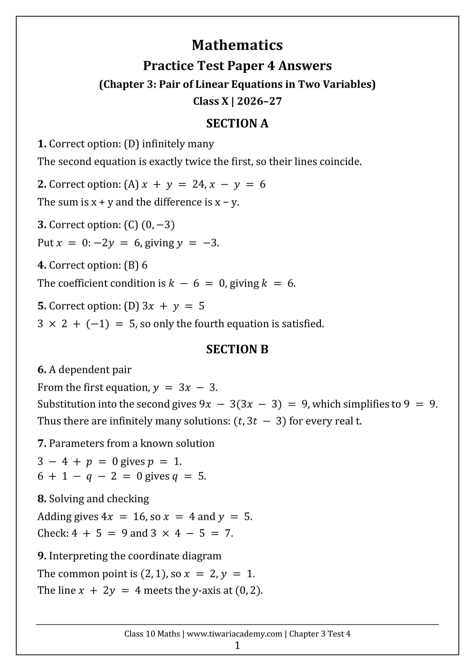 Class 10 Maths Chapter 3 Test Paper 4 Answers Page 1