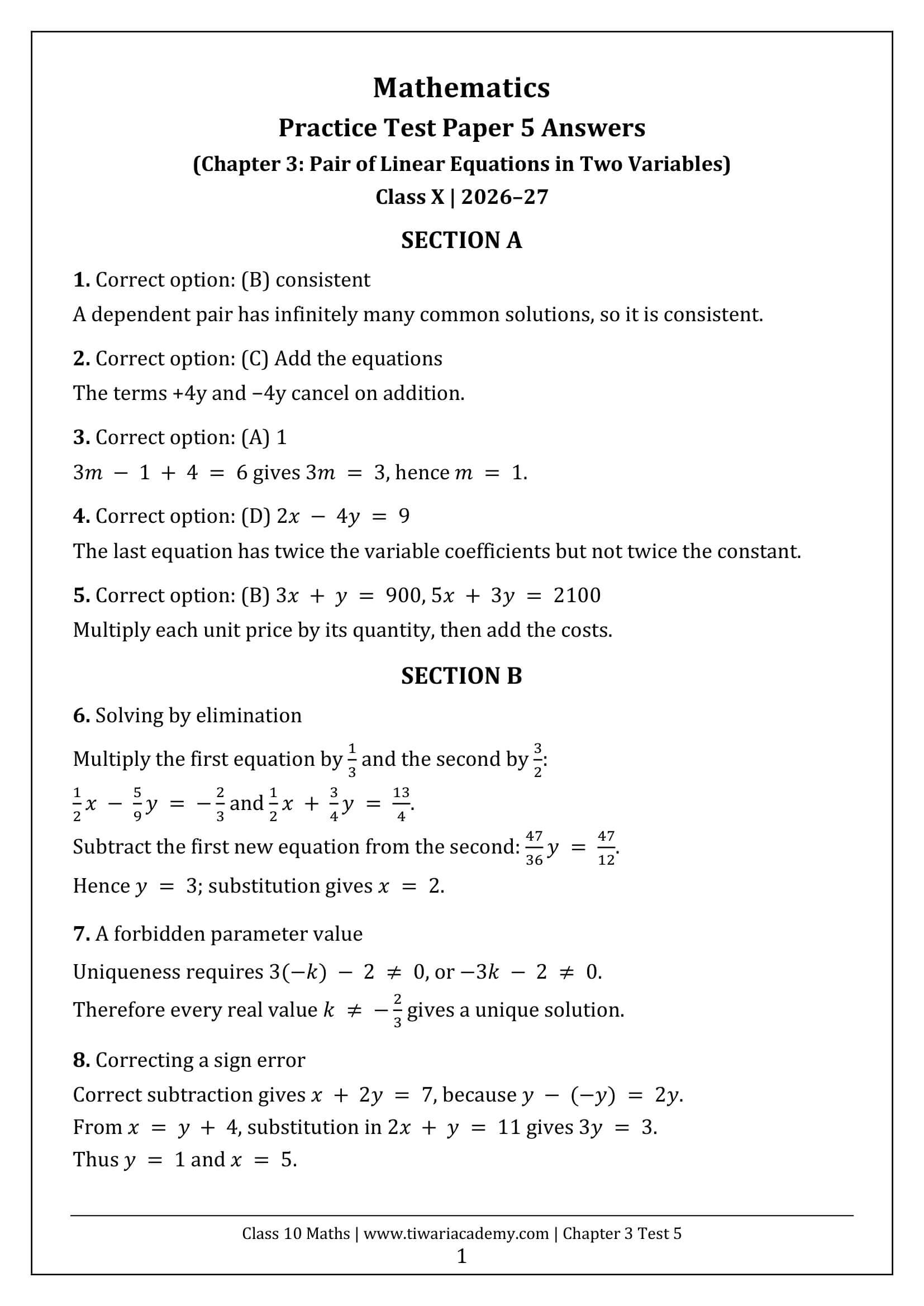 Class 10 Maths Chapter 3 Test Paper 5 Answers Page 1