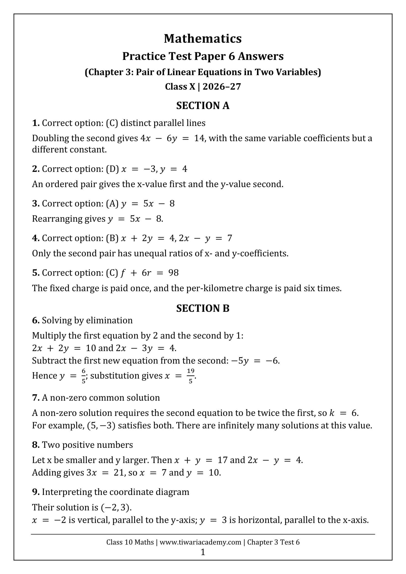 Class 10 Maths Chapter 3 Test Paper 6 Answers Page 1