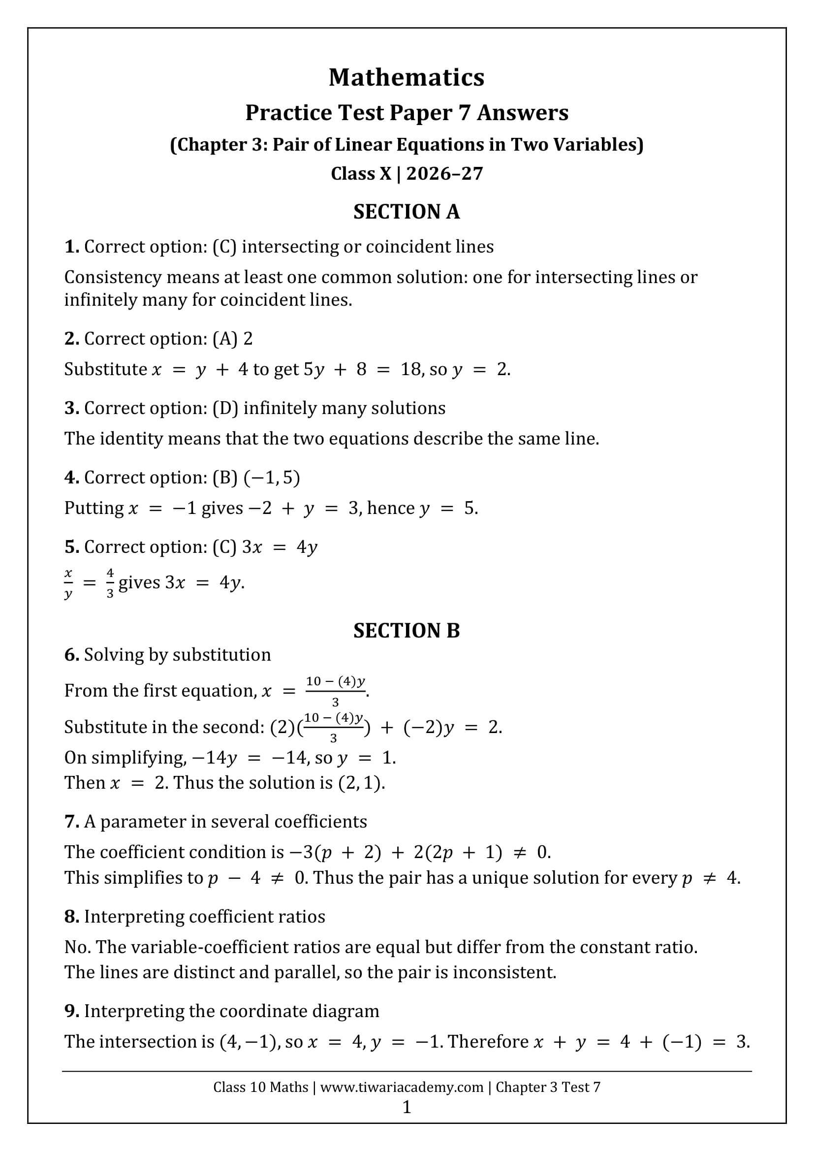 Class 10 Maths Chapter 3 Test Paper 7 Answers Page 1
