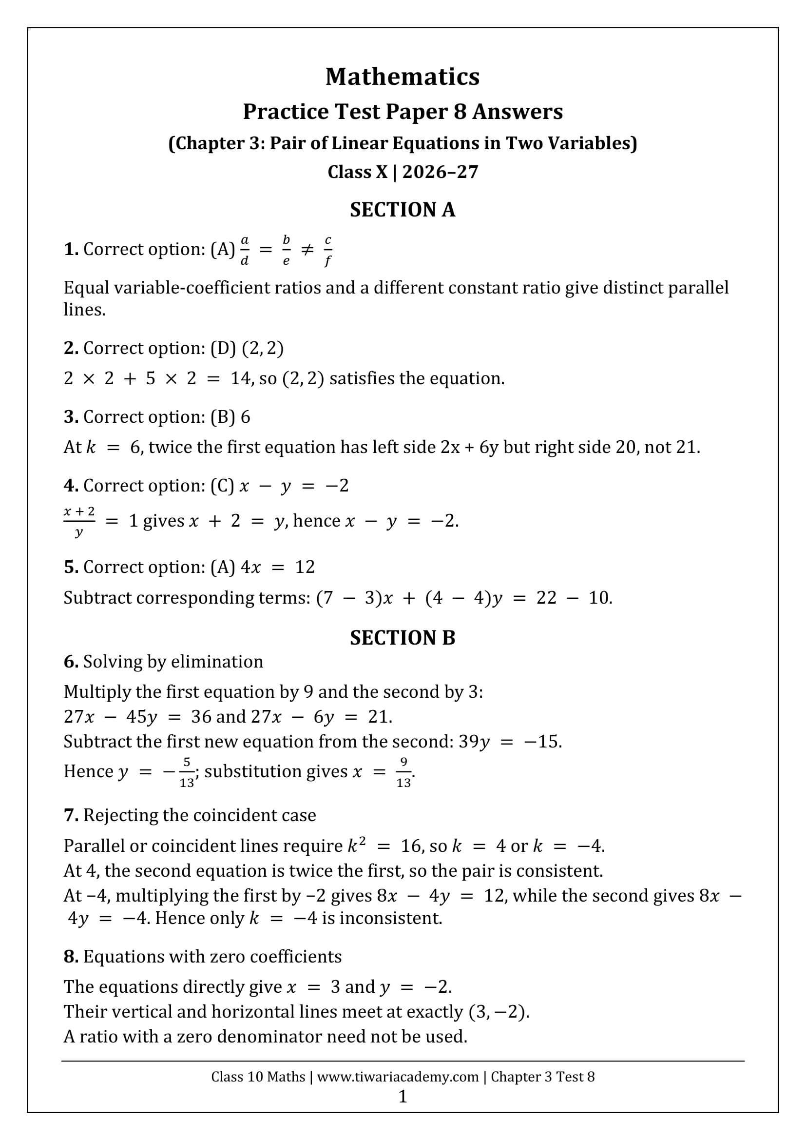 Class 10 Maths Chapter 3 Test Paper 8 Answers Page 1