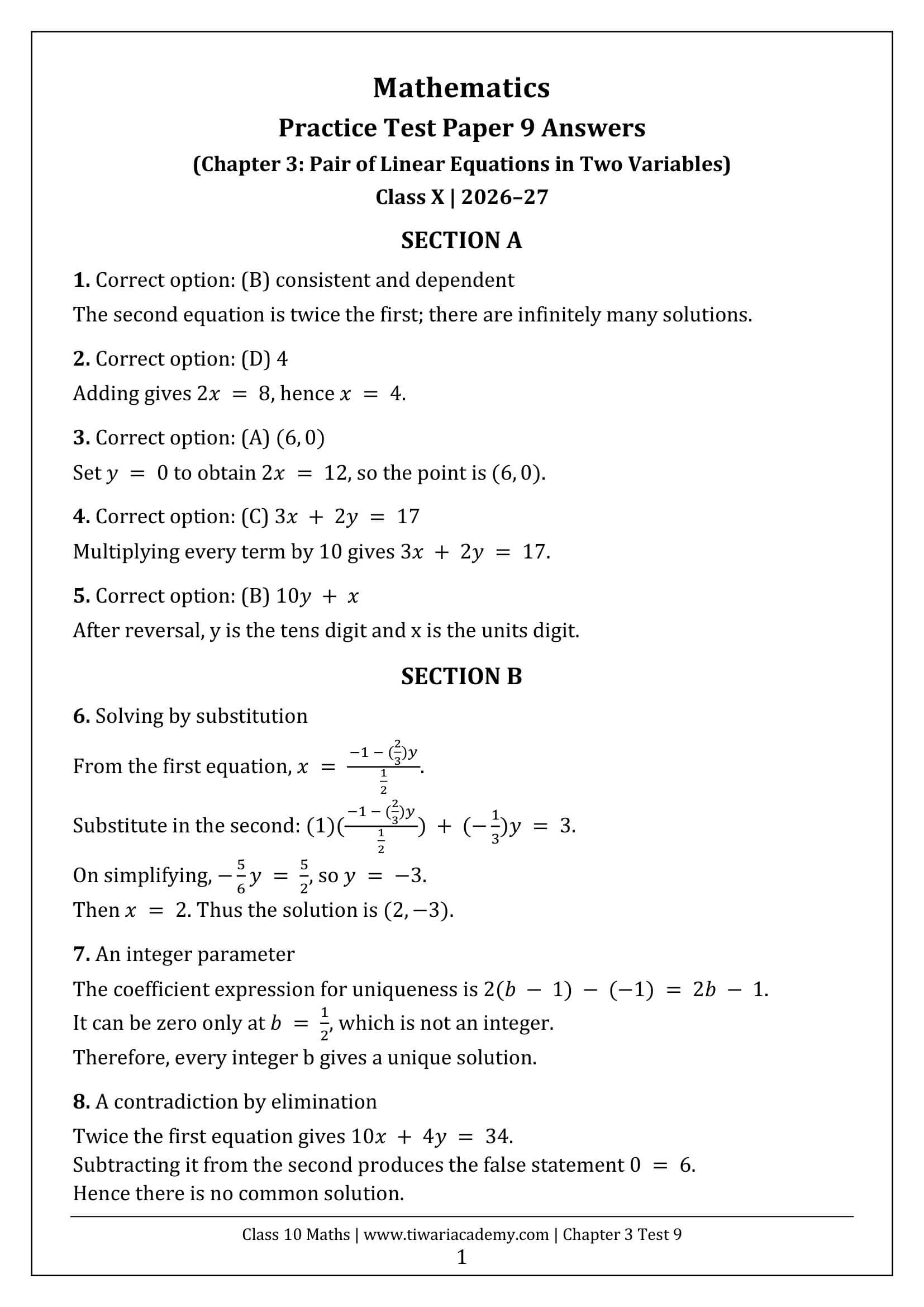 Class 10 Maths Chapter 3 Test Paper 9 Answers Page 1