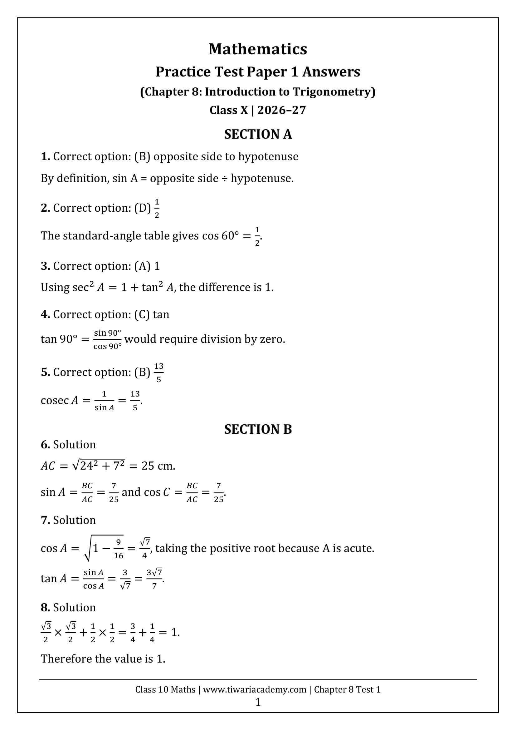 Class 10 Maths Chapter 8 Test Paper 1 Answers Page 1