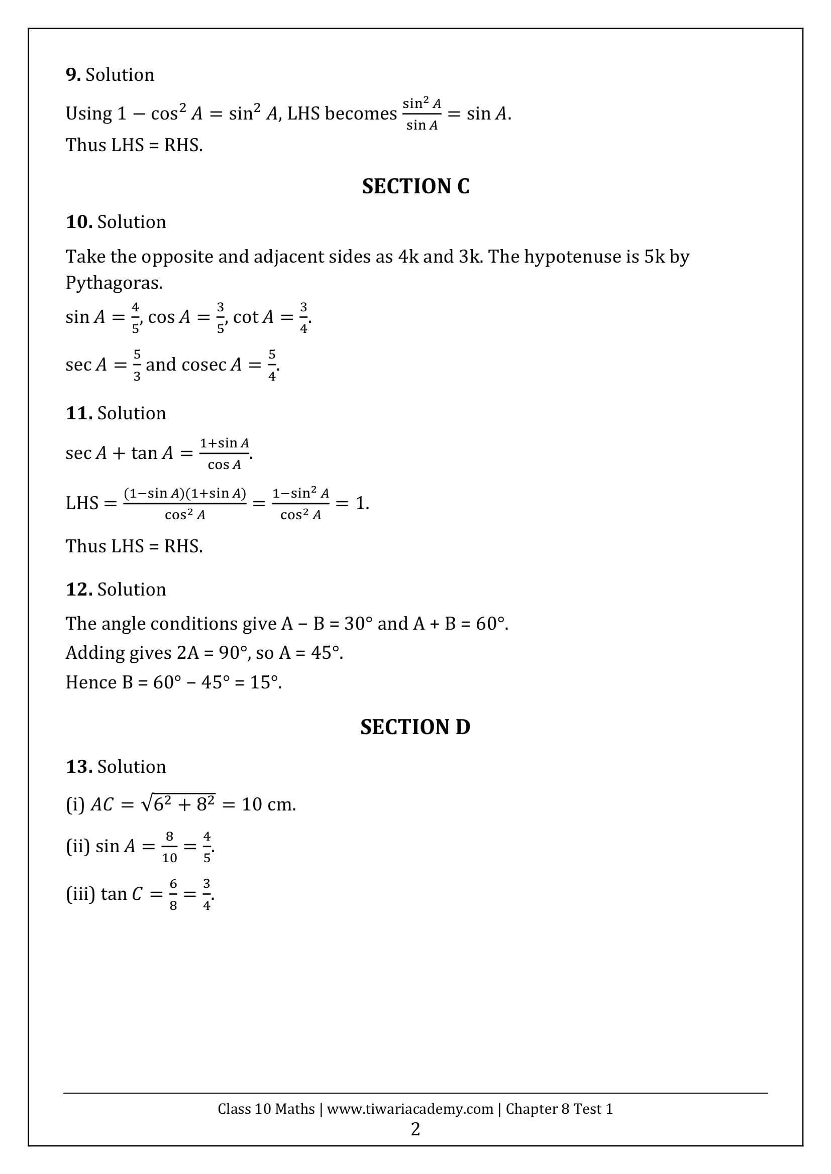 Class 10 Maths Chapter 8 Test Paper 1 Answers Page 2