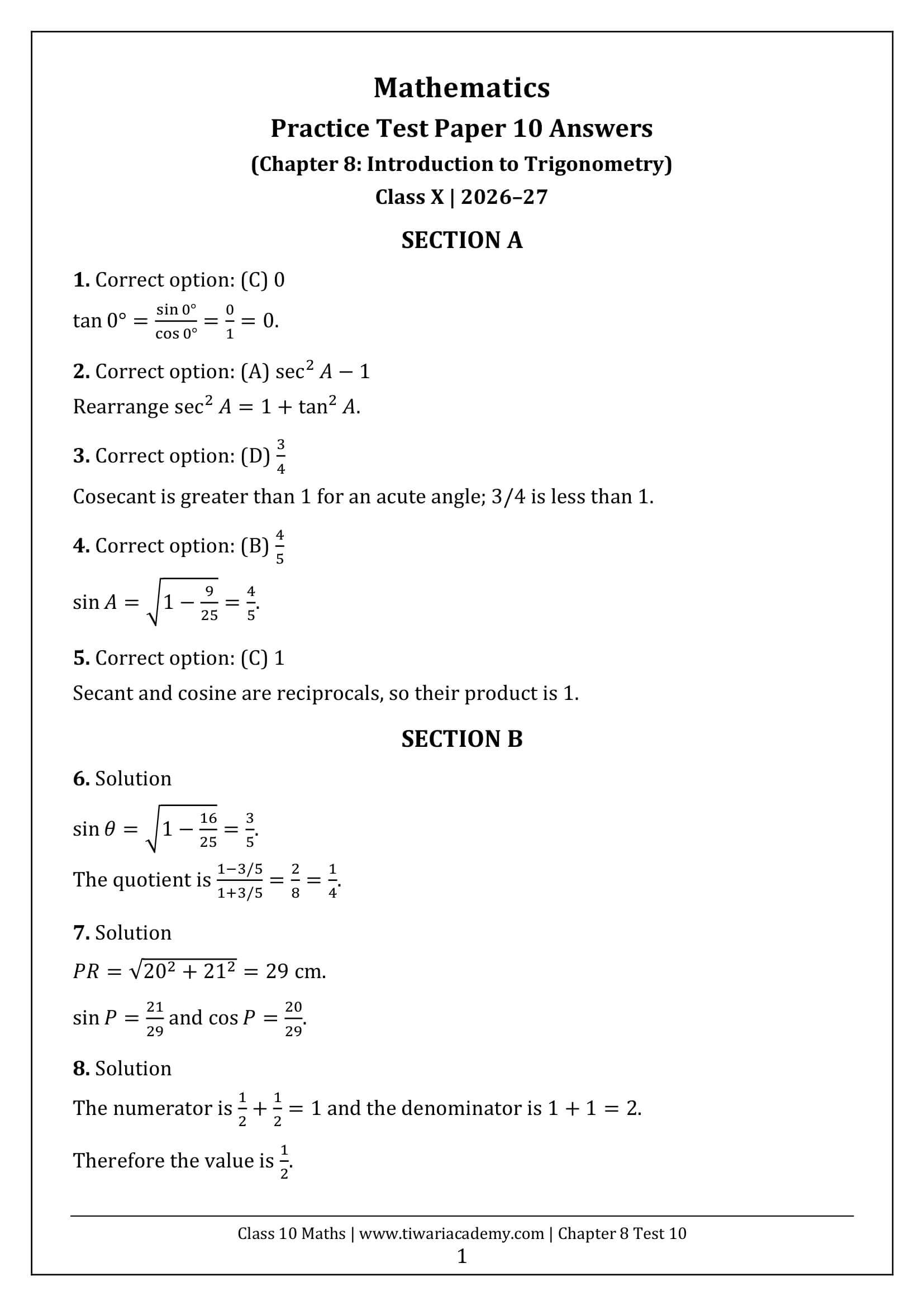 Class 10 Maths Chapter 8 Test Paper 10 Answers Page 1