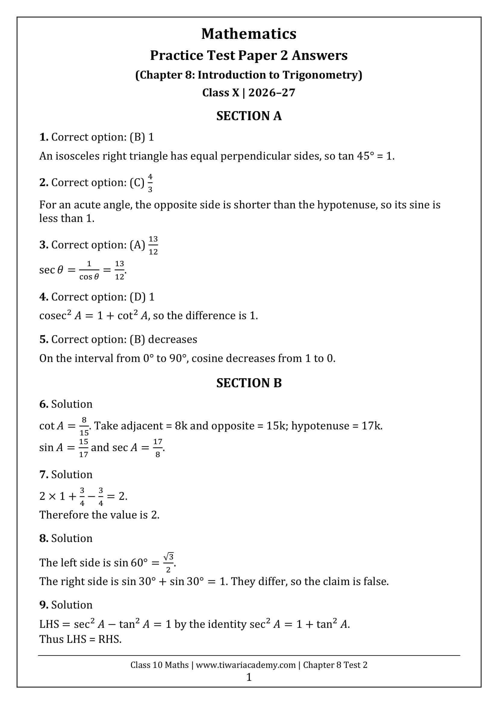 Class 10 Maths Chapter 8 Test Paper 2 Answers Page 1