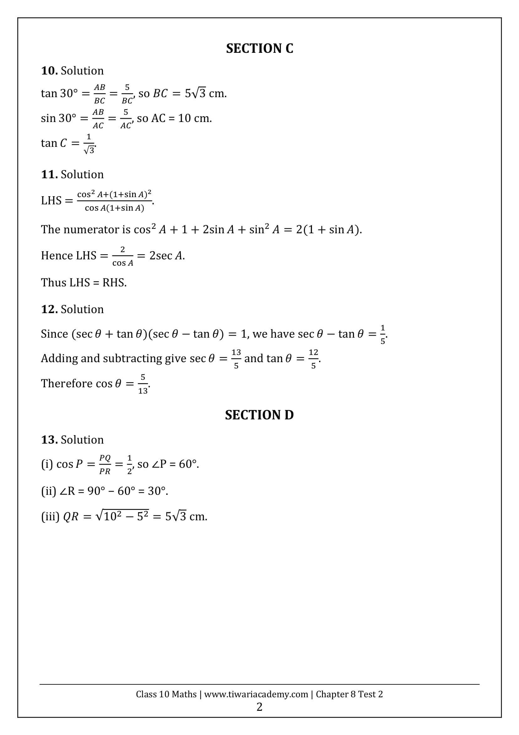 Class 10 Maths Chapter 8 Test Paper 2 Answers Page 2
