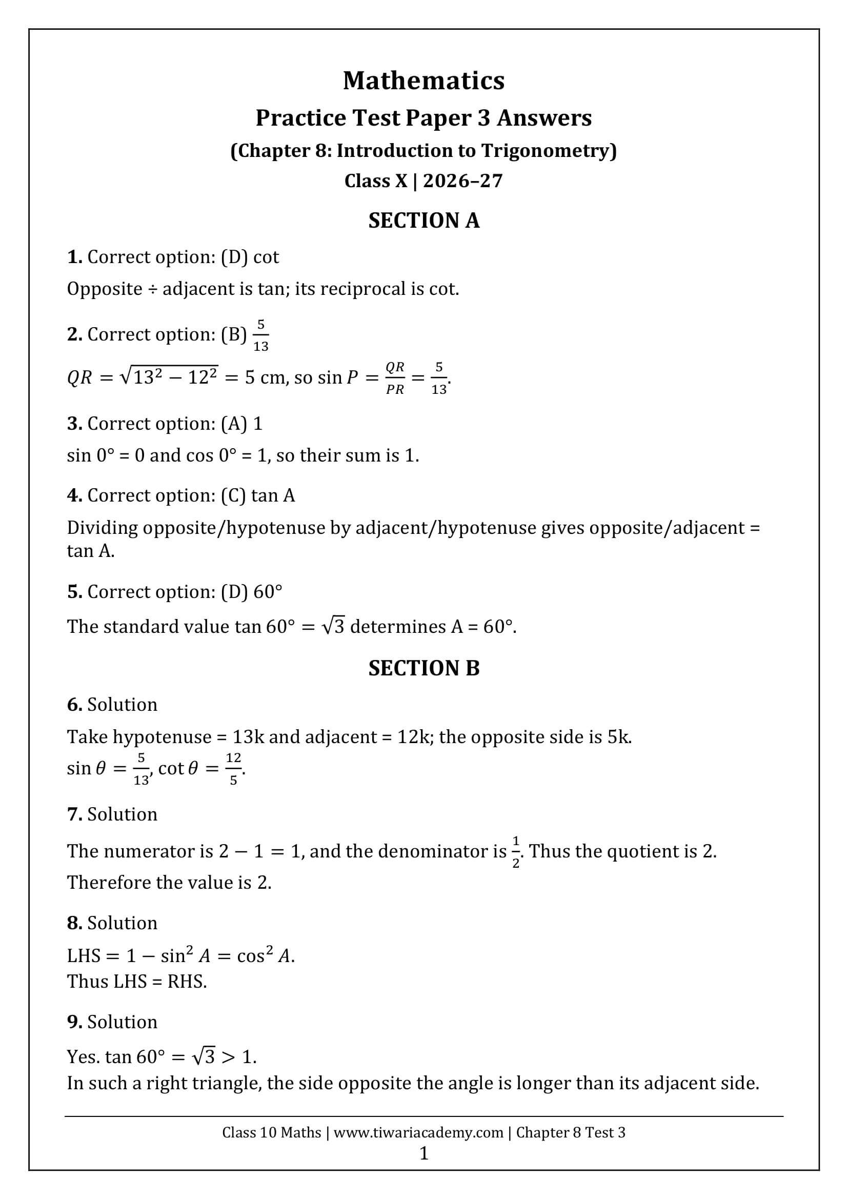 Class 10 Maths Chapter 8 Test Paper 3 Answers Page 1