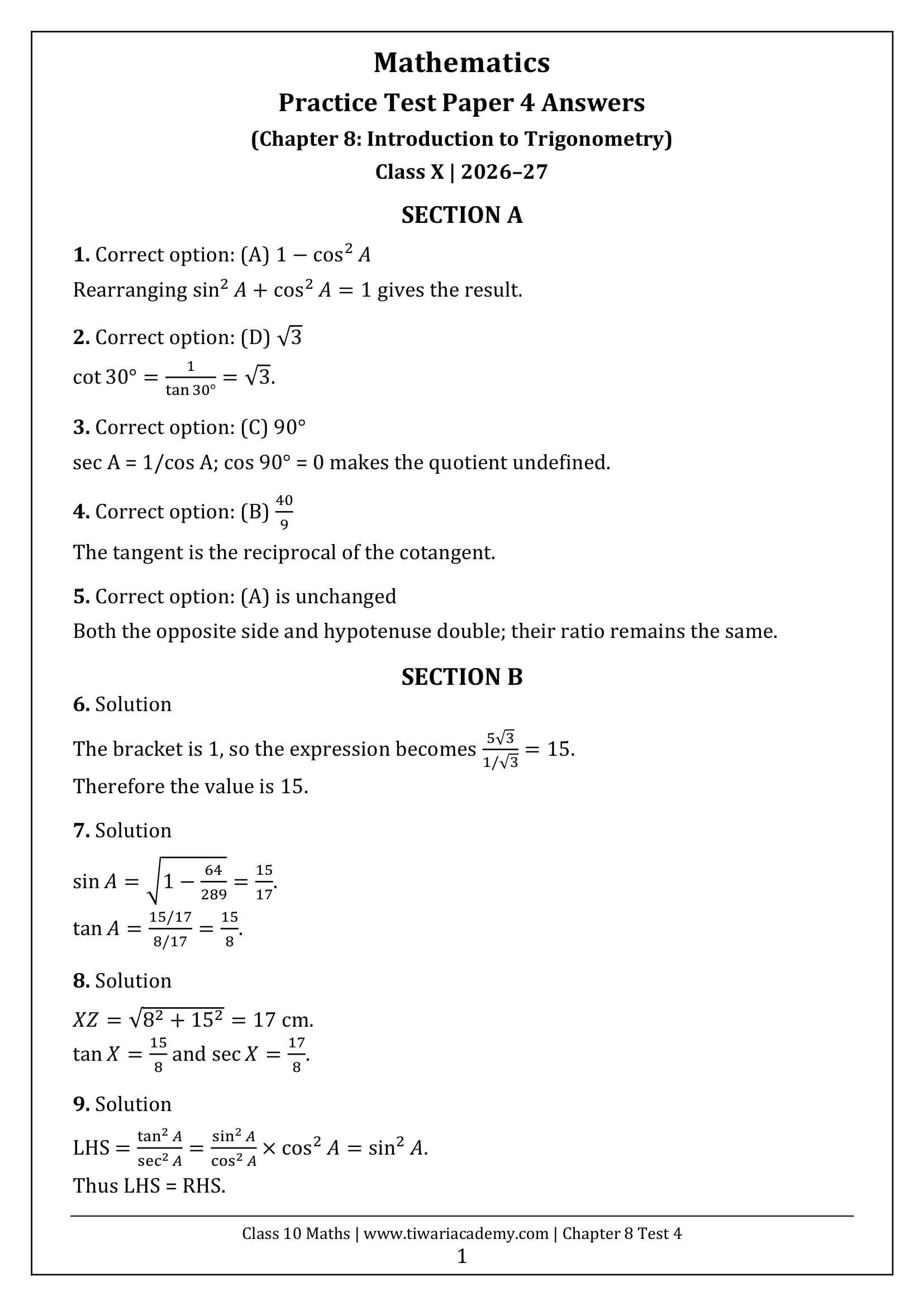 Class 10 Maths Chapter 8 Test Paper 4 Answers Page 1