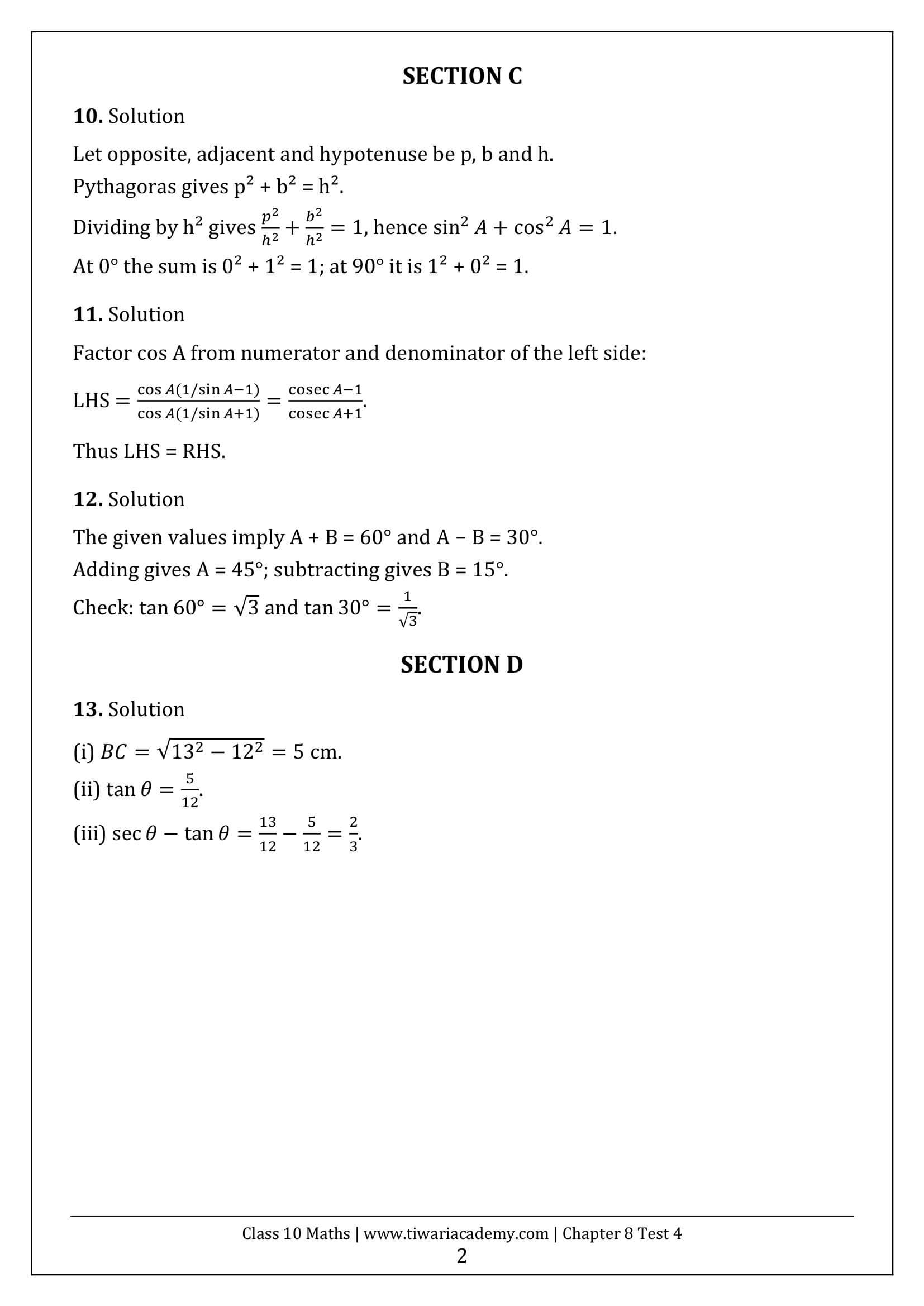 Class 10 Maths Chapter 8 Test Paper 4 Answers Page 2