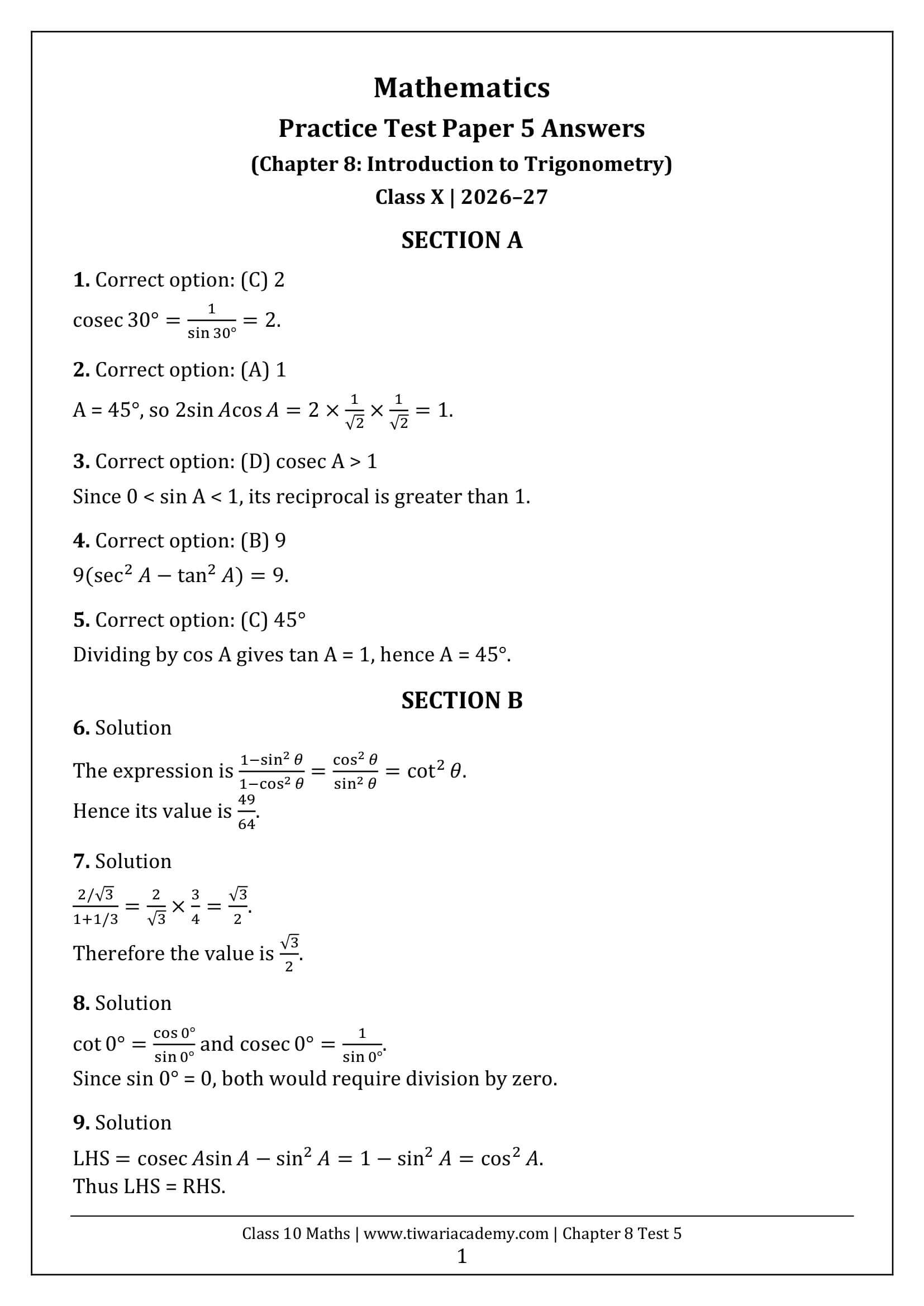 Class 10 Maths Chapter 8 Test Paper 5 Answers Page 1