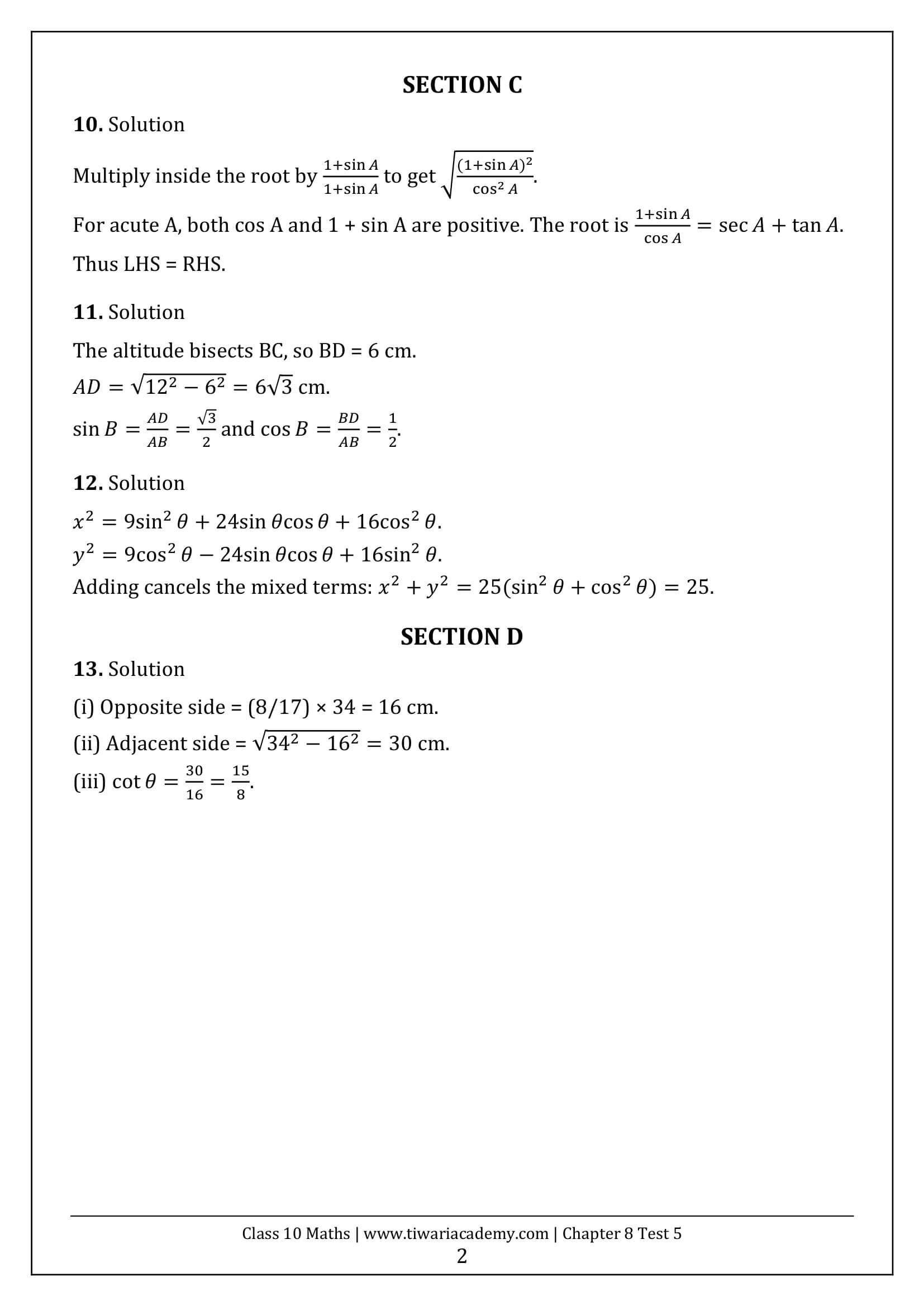 Class 10 Maths Chapter 8 Test Paper 5 Answers Page 2