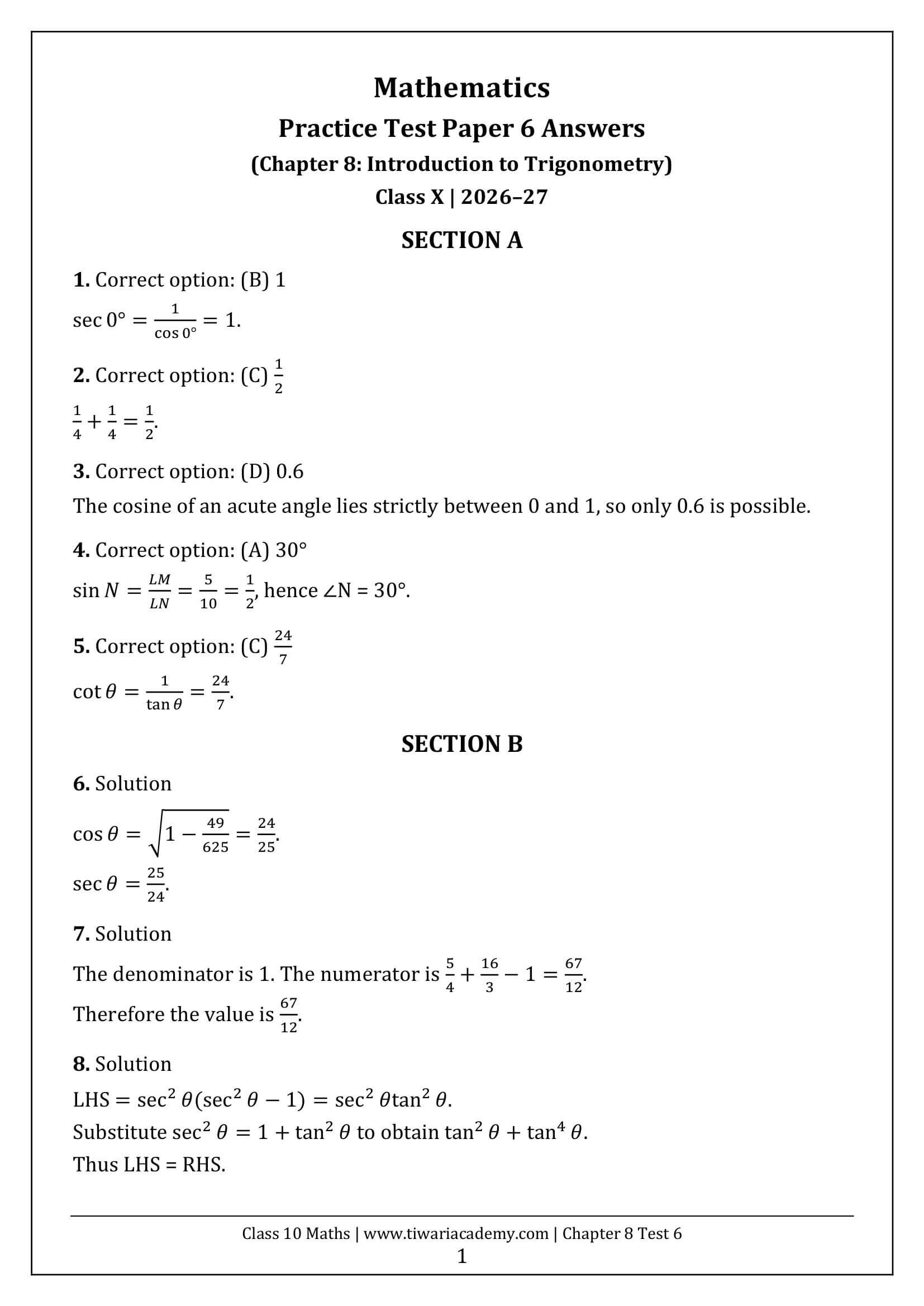 Class 10 Maths Chapter 8 Test Paper 6 Answers Page 1